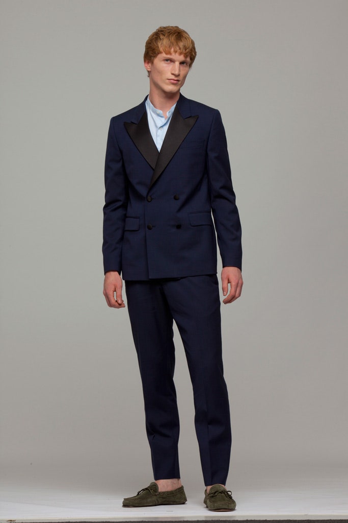 blue tailored suit with light blue shirt