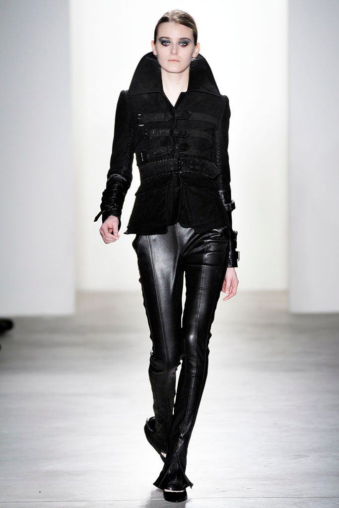 black leather fitted jacket and pants