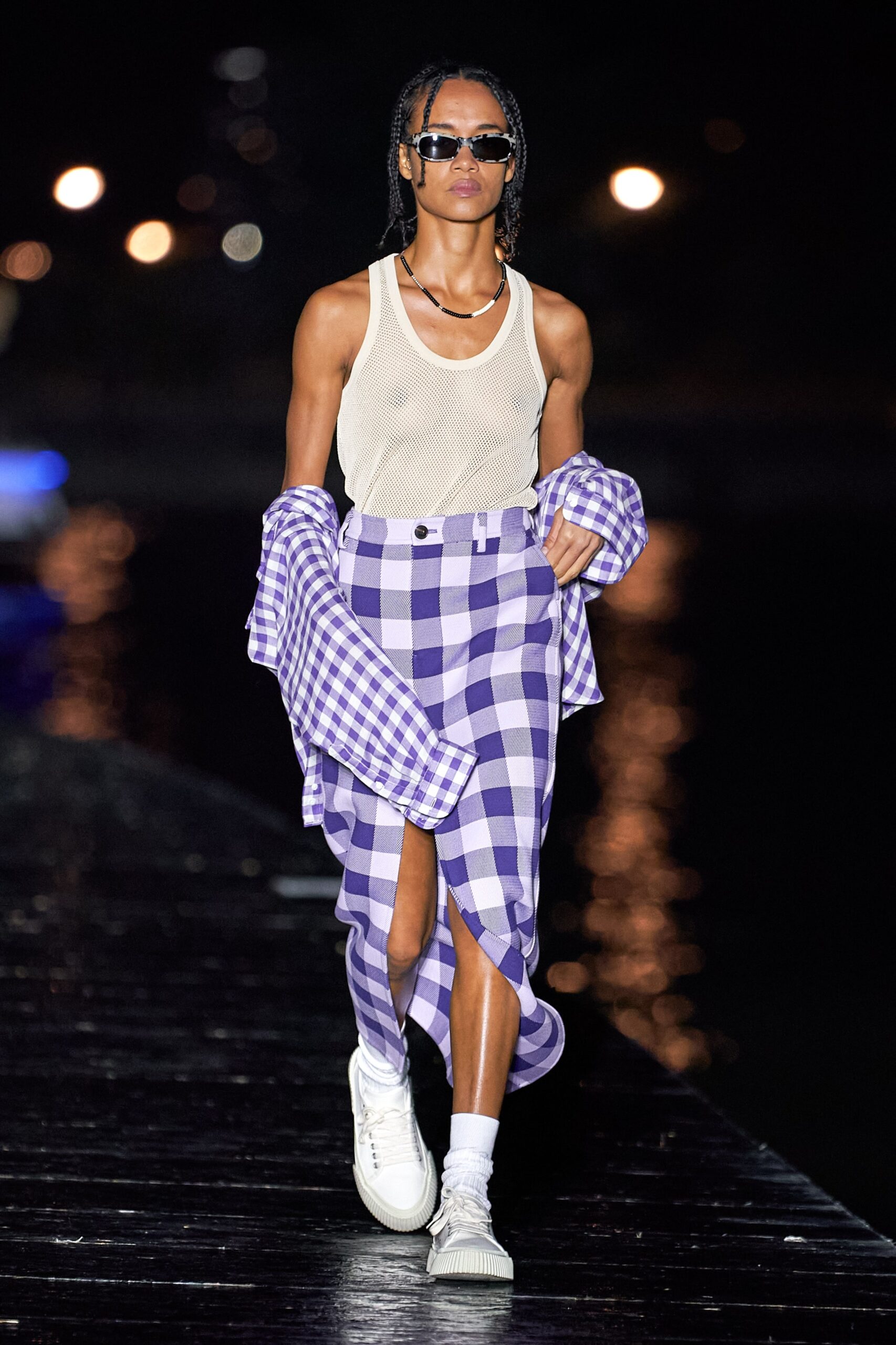 white mesh top purple checked skirt