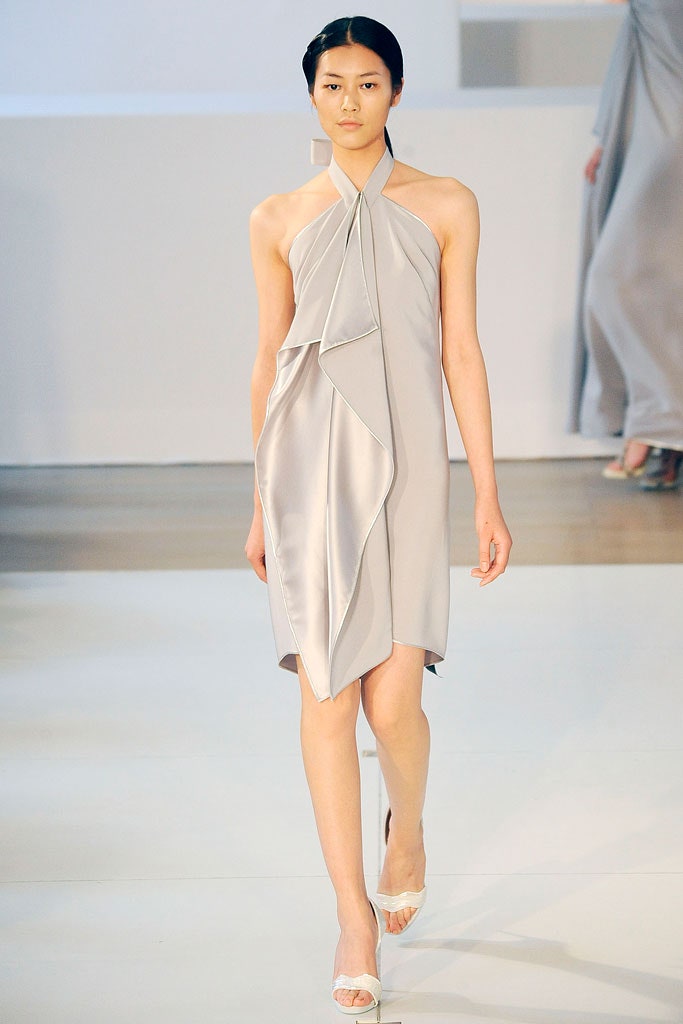 fitted gray silk halter dress