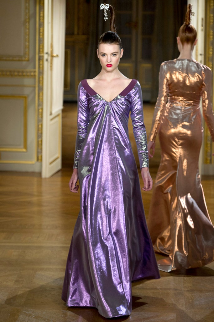 fitted purple silk gown