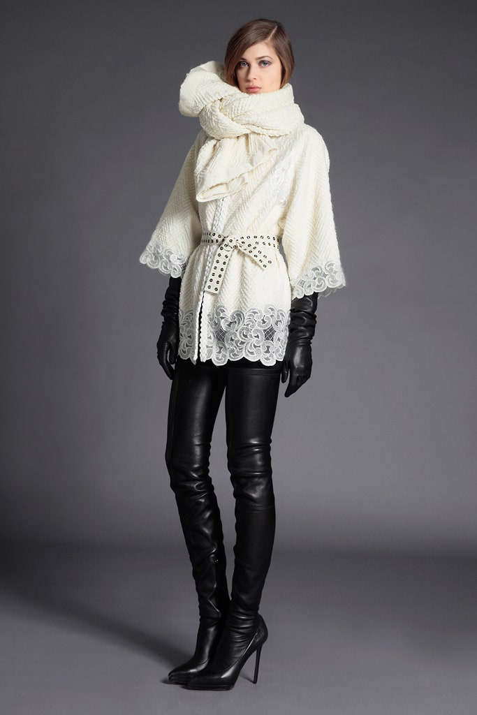white wool sleeveless high-neck relaxed layered belted poncho