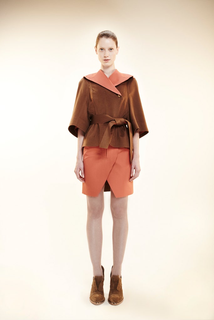 brown and orange fitted jacket with pencil skirt