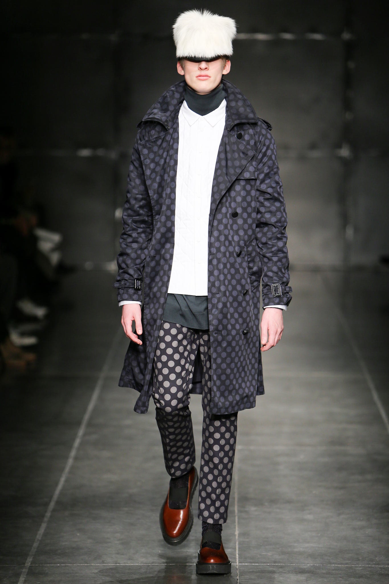 blue printed coat with white shirt