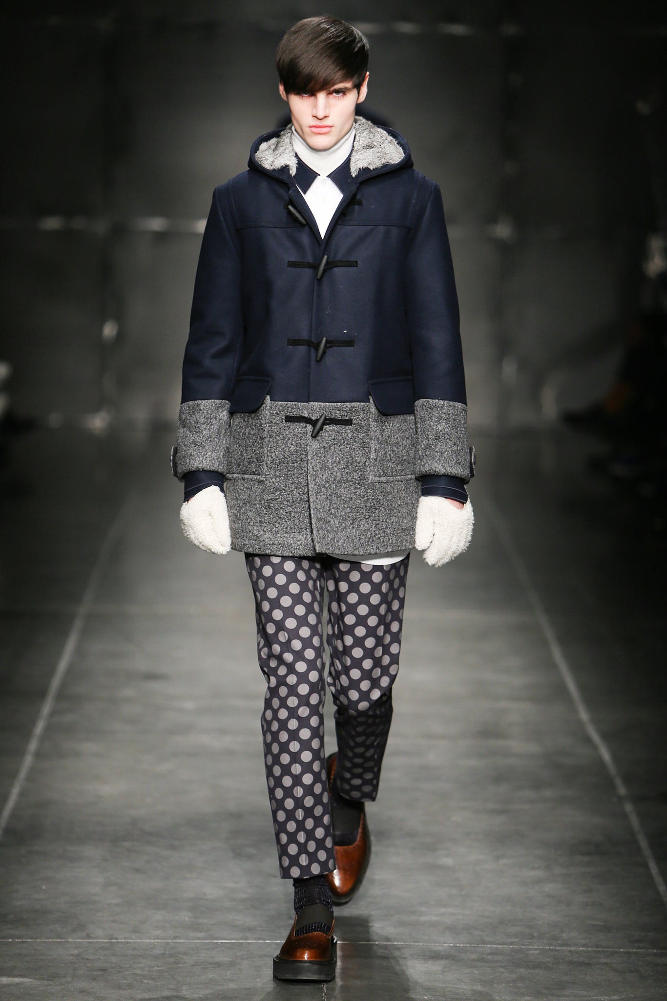 navy wool coat with polka-dot pants