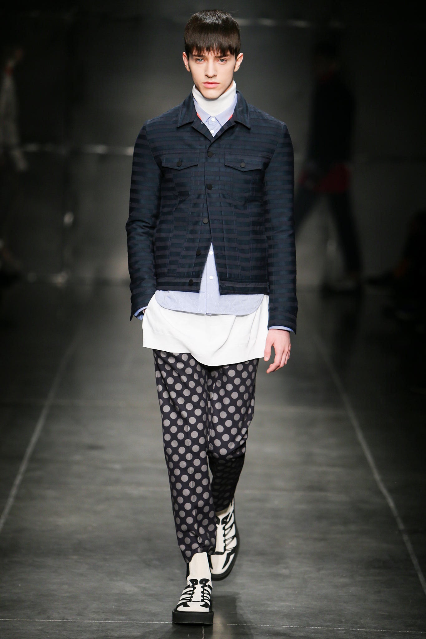 navy jacket with printed pants