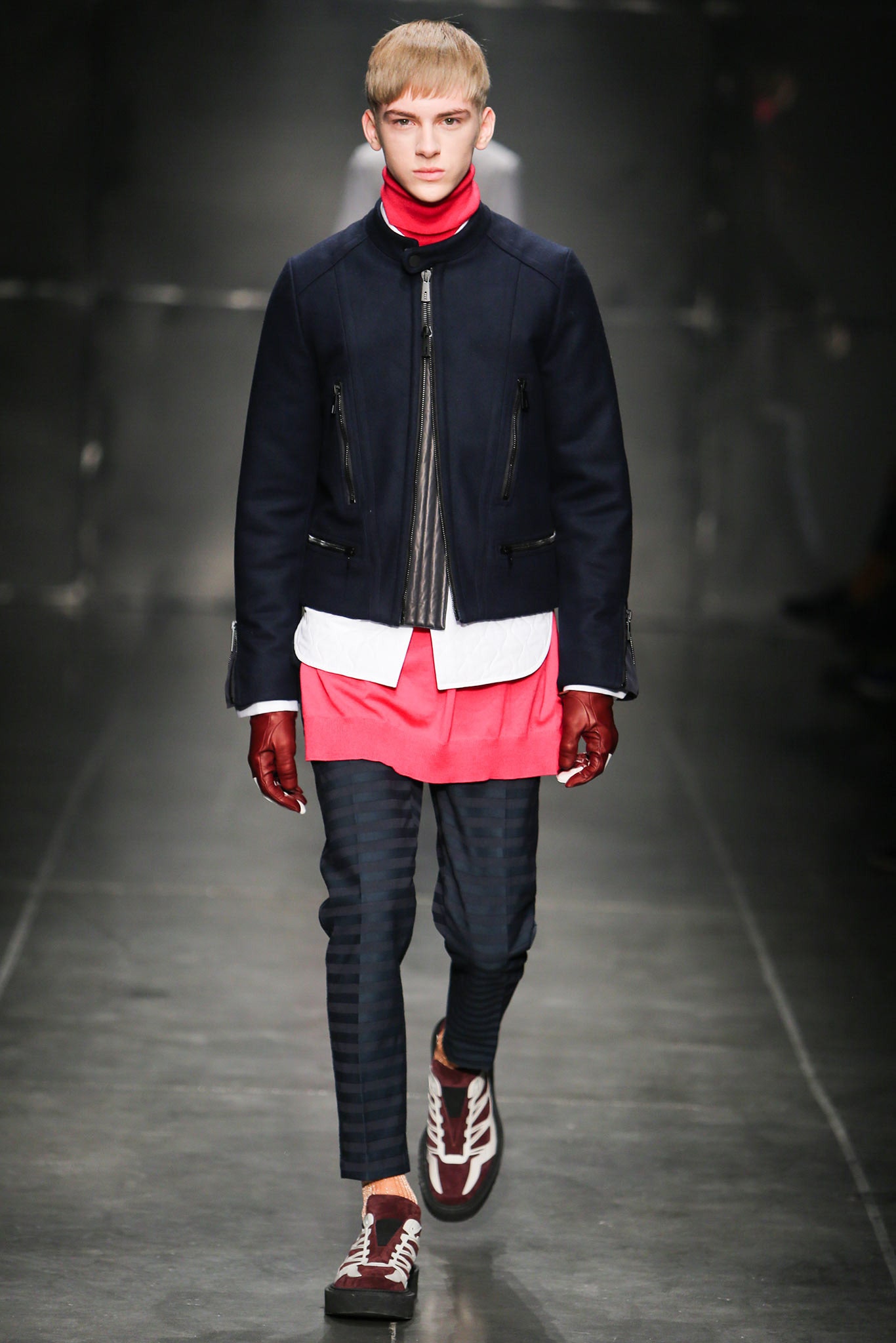 black fitted jacket with red top