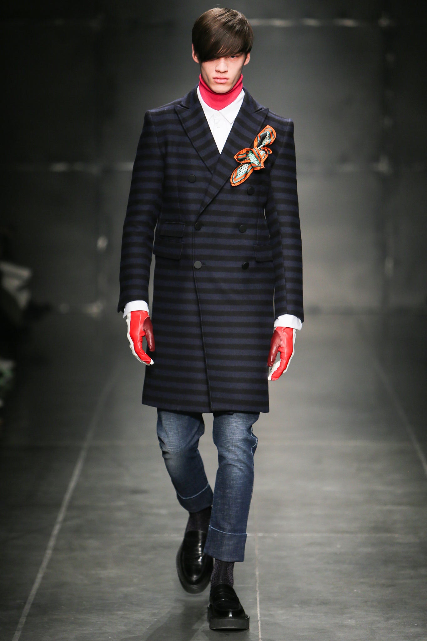 blue wool long-sleeve double-breasted tailored striped buttoned coat