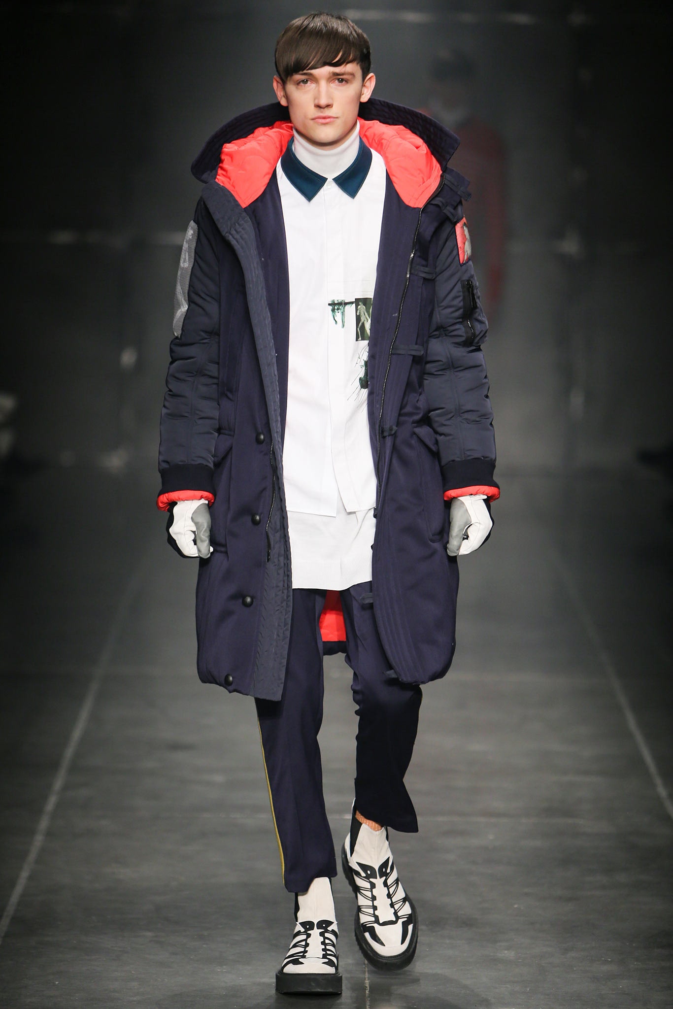 blue relaxed parka with white shirt