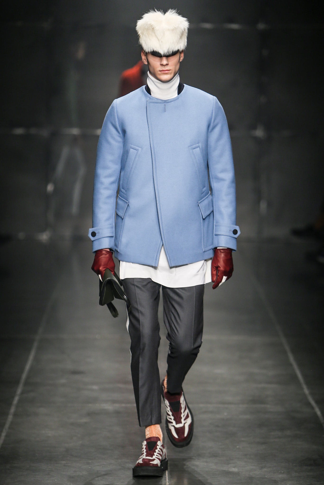 blue wool long-sleeve collared fitted buttoned coat