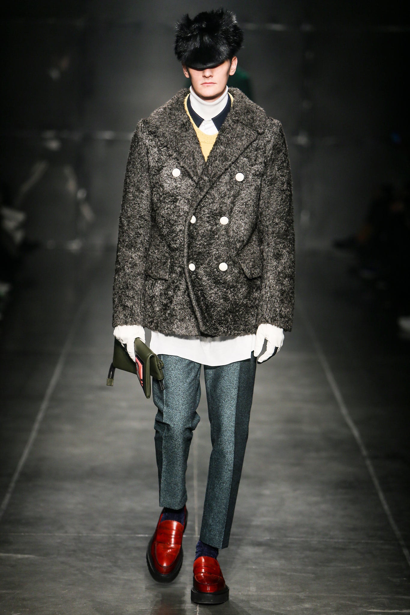 gray wool long-sleeve double-breasted relaxed textured coat