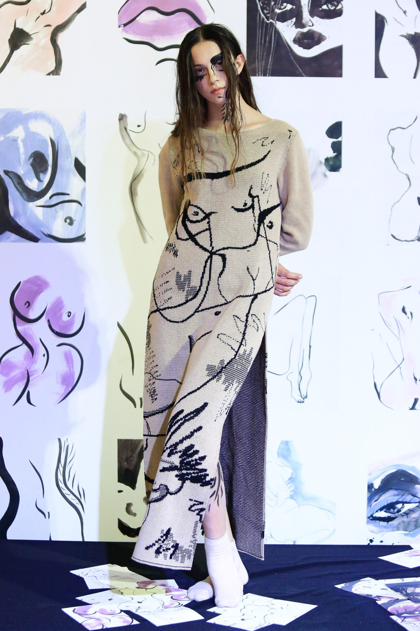 beige fitted long-sleeve dress