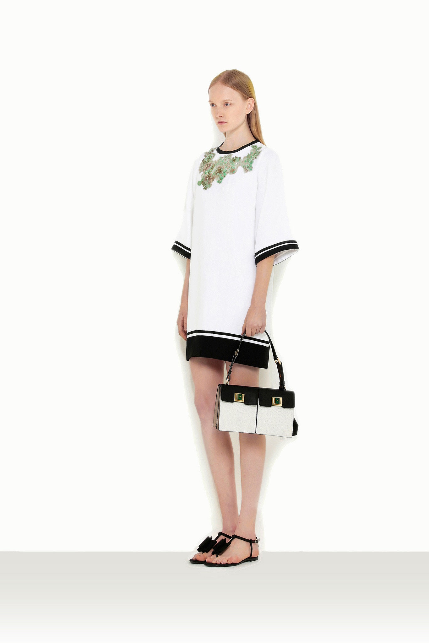 white cotton short-sleeve collared relaxed embroidered layered dress