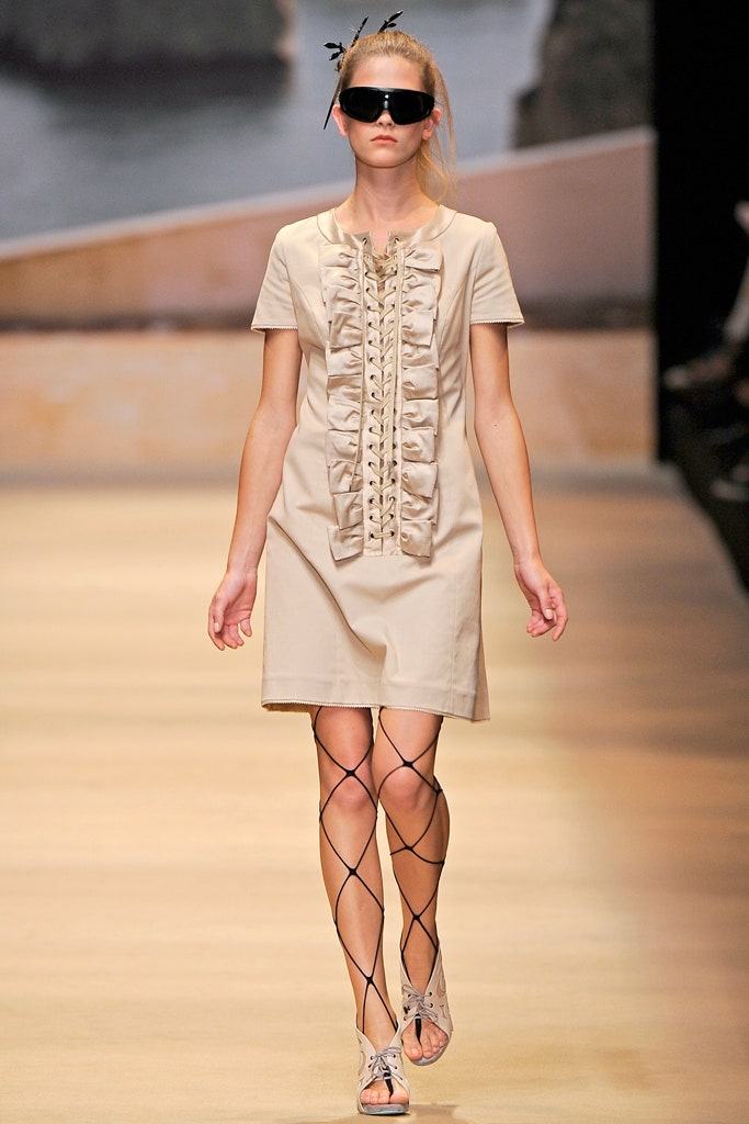 beige cotton short-sleeve collared fitted ruffled buttoned dress