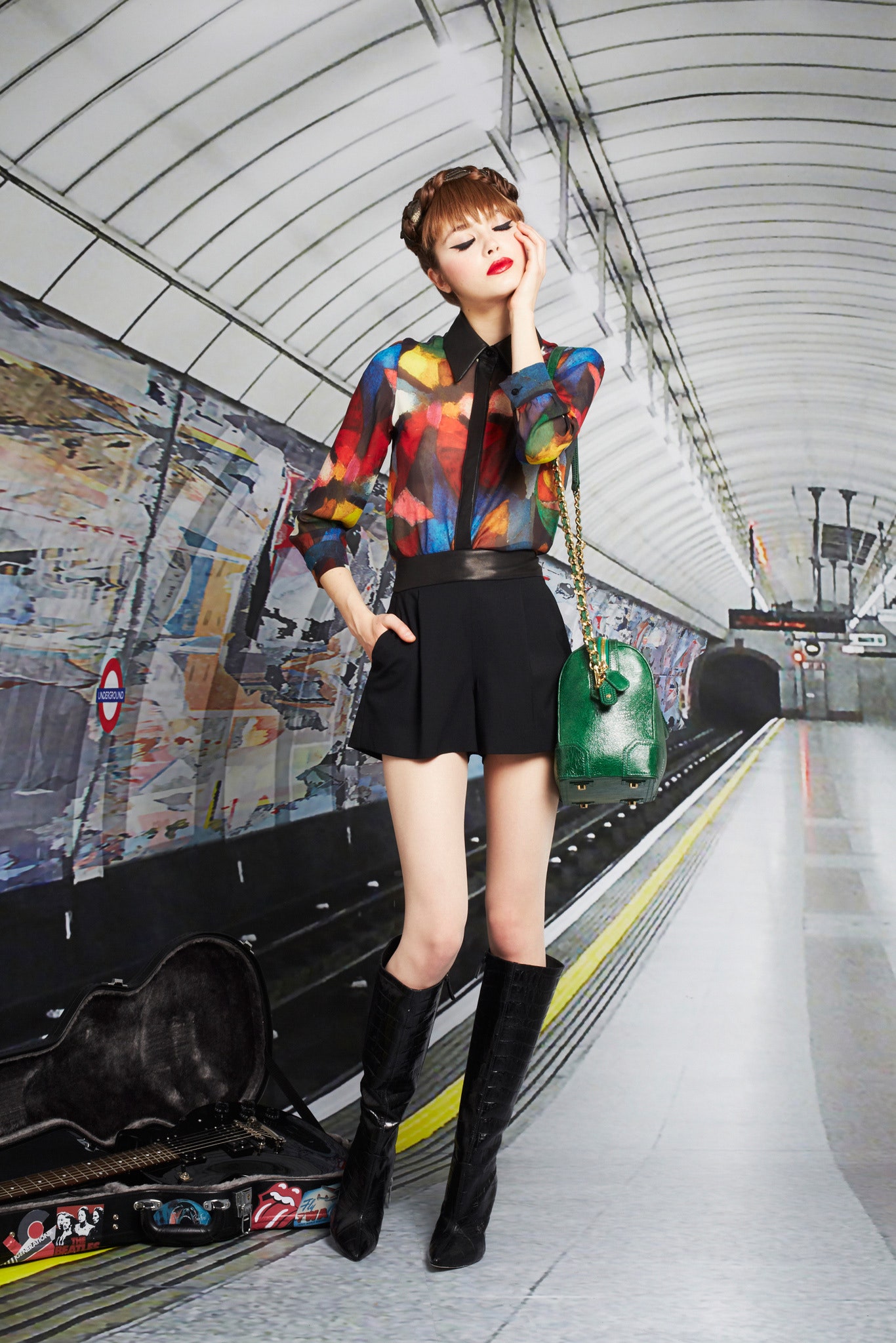 multi-colored silk blouse with black skirt