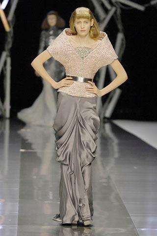 pink and gray draped gown