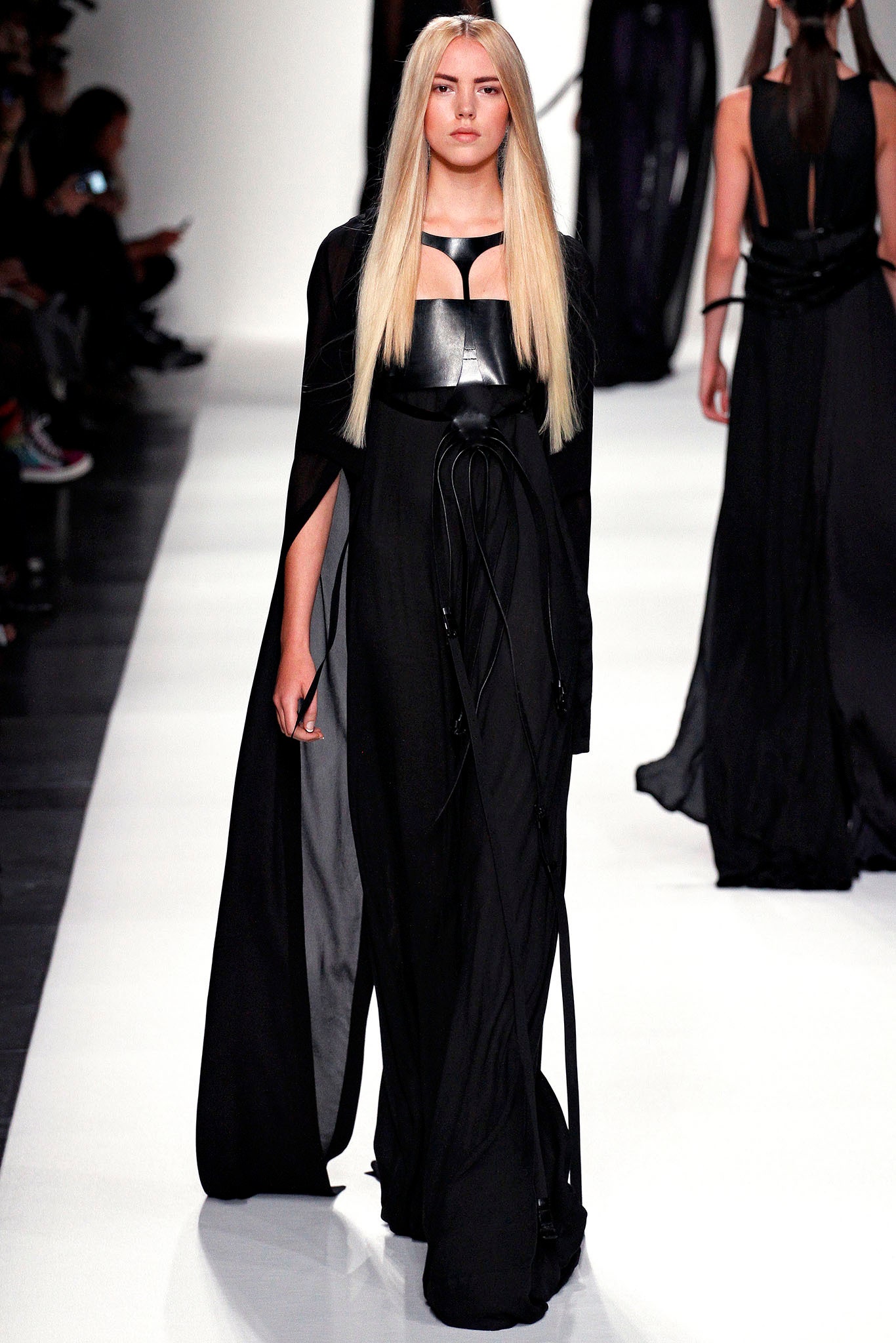 black silk gown with cape