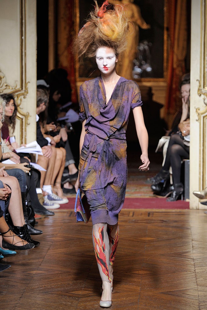 purple orange draped midi dress