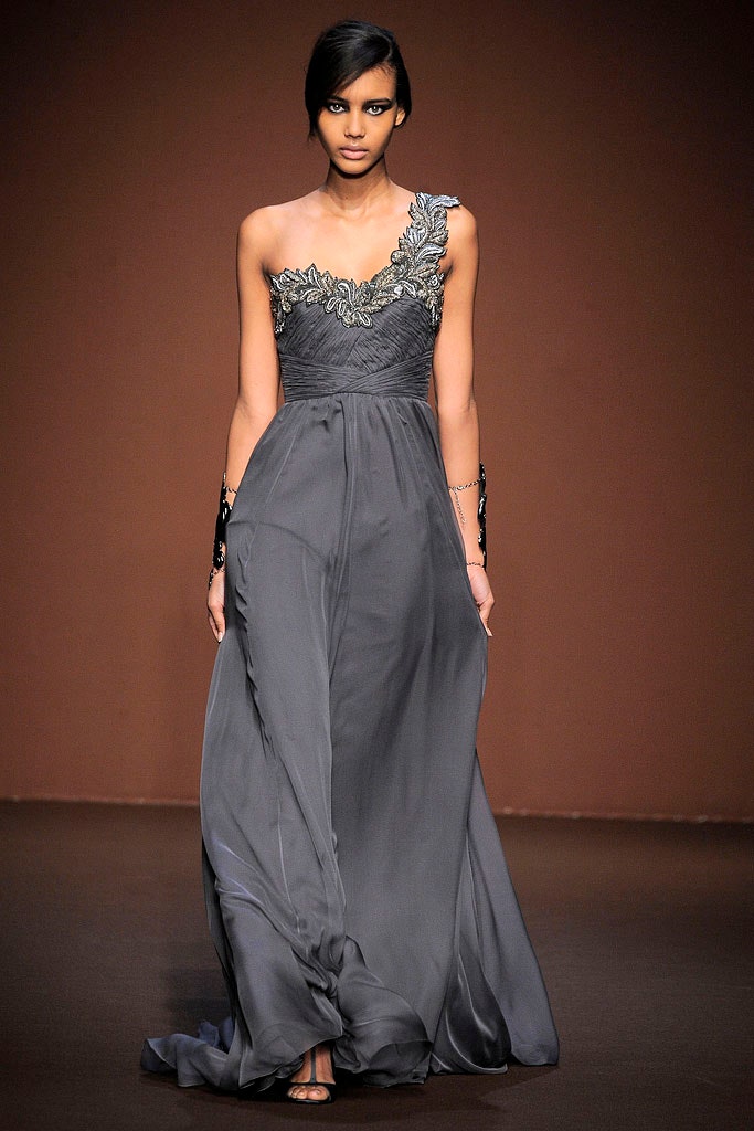 gray silk one-shoulder gown