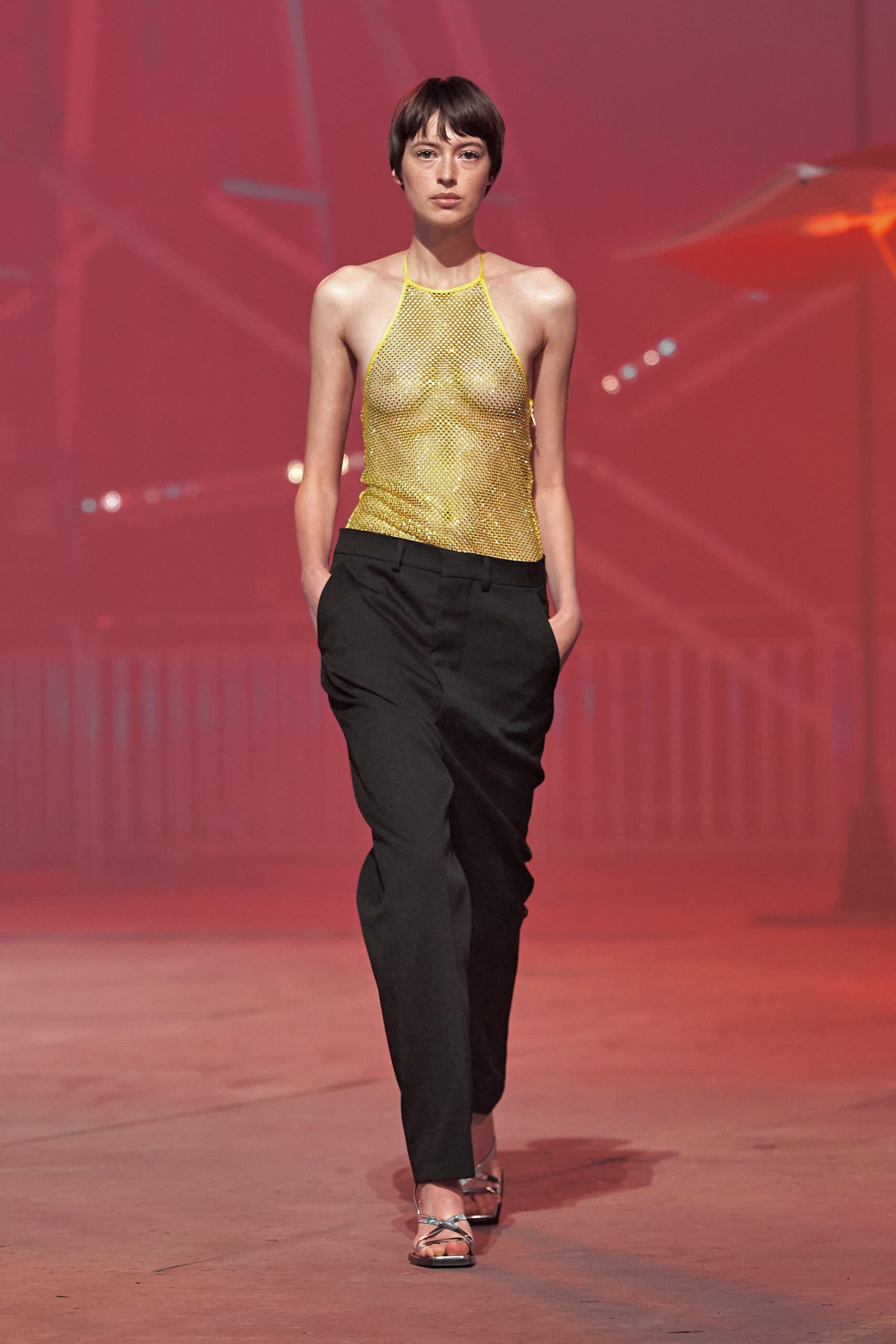 yellow mesh sleeveless halter fitted textured sheer top
