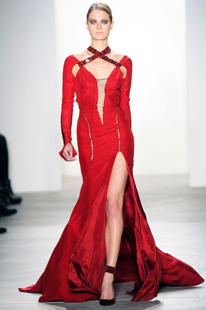 fitted red silk gown