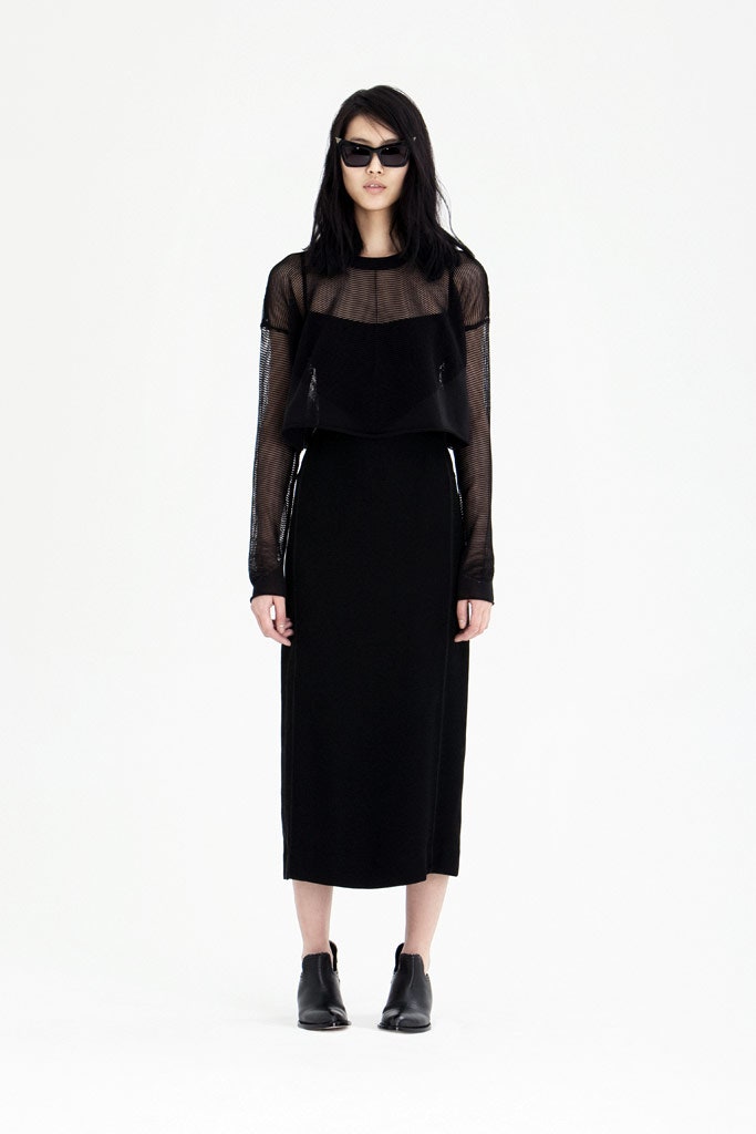 black mesh top and midi dress