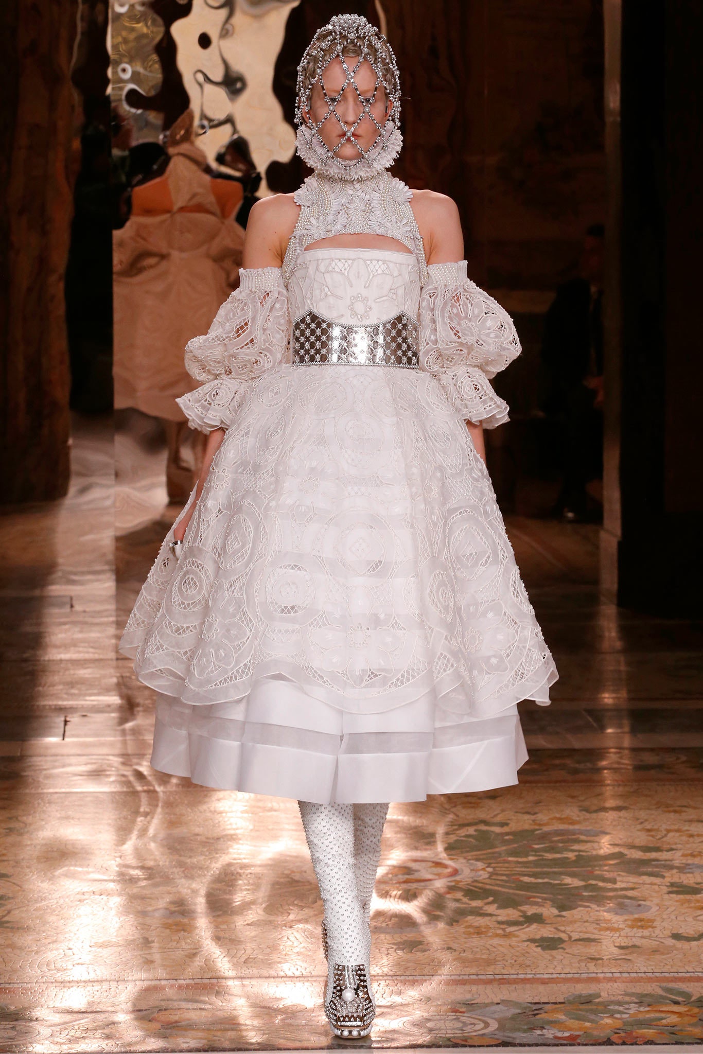 white embroidered pleated dress