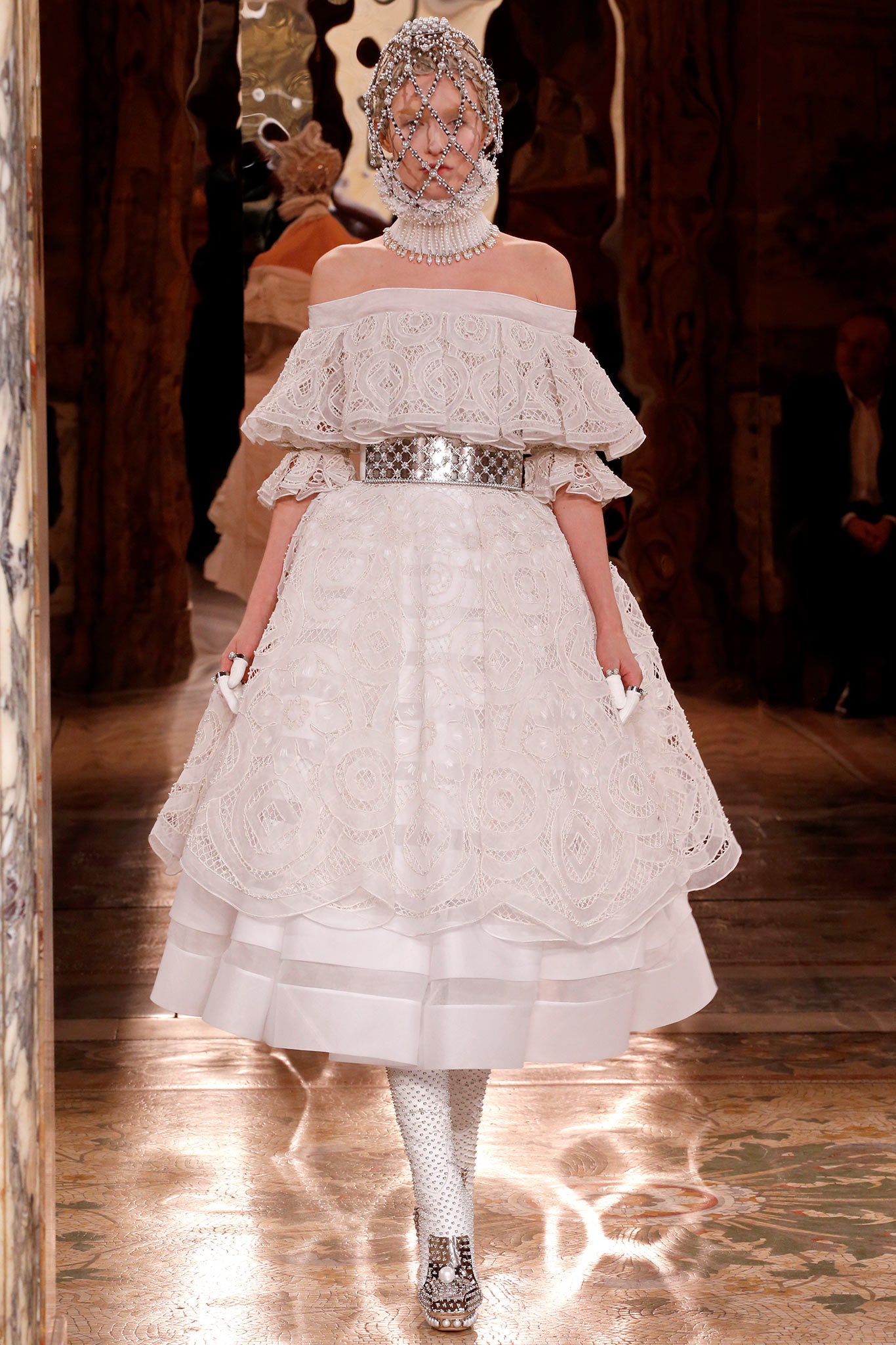 white off-shoulder pleated dress