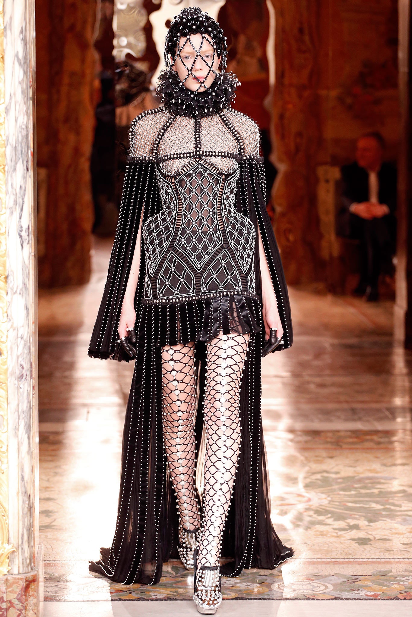 black silk long-sleeve collared fitted embroidered layered cape