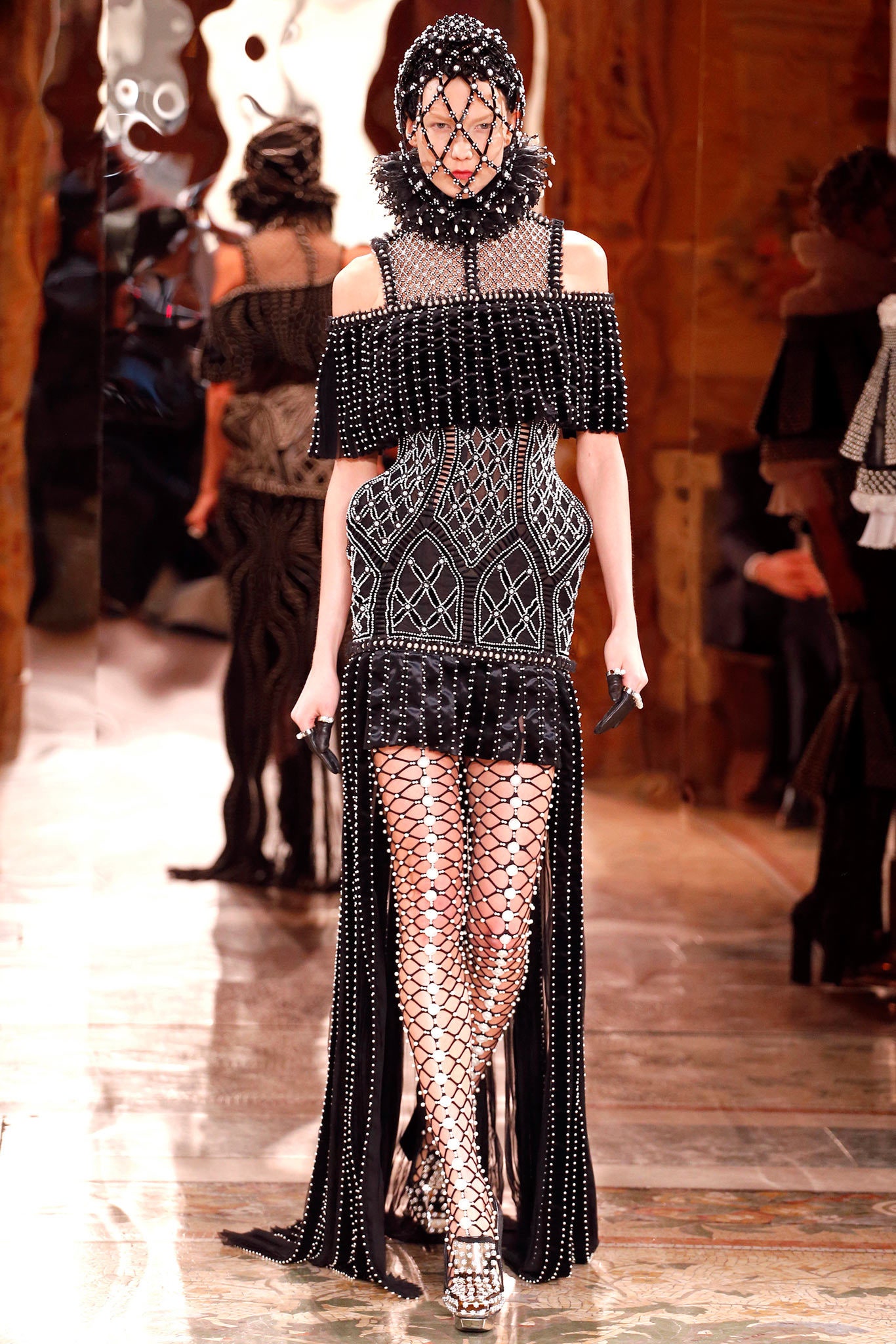 black silk off-shoulder long-sleeve fitted embellished tiered gown