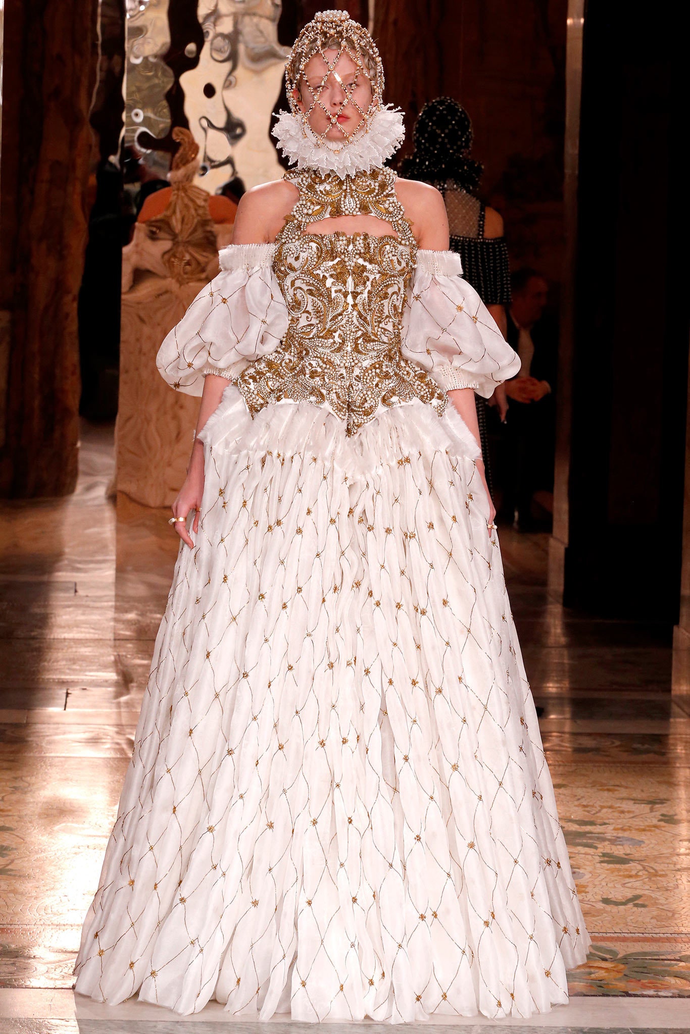 white embroidered off-shoulder gown