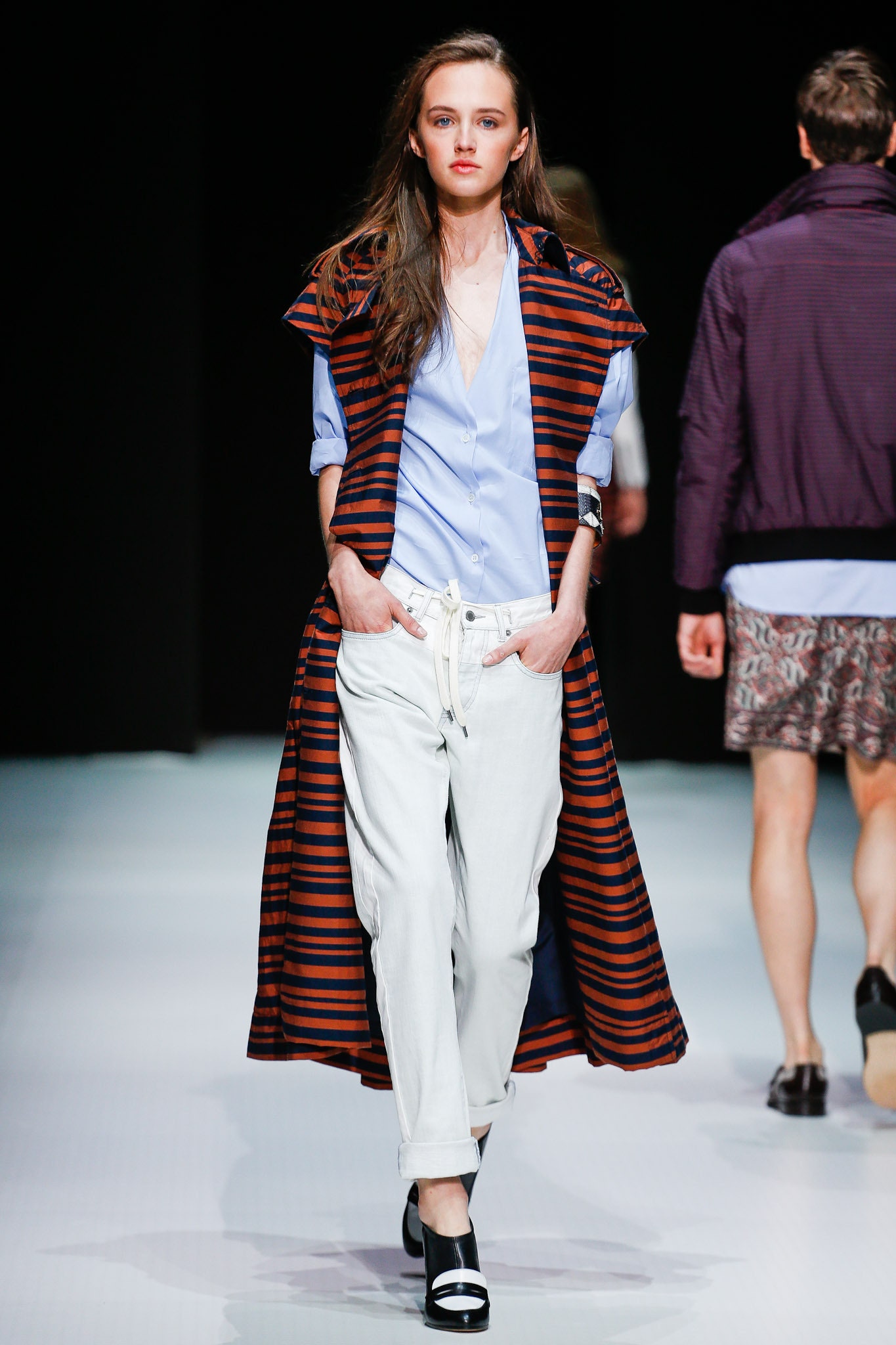 relaxed striped coat with fitted shirt