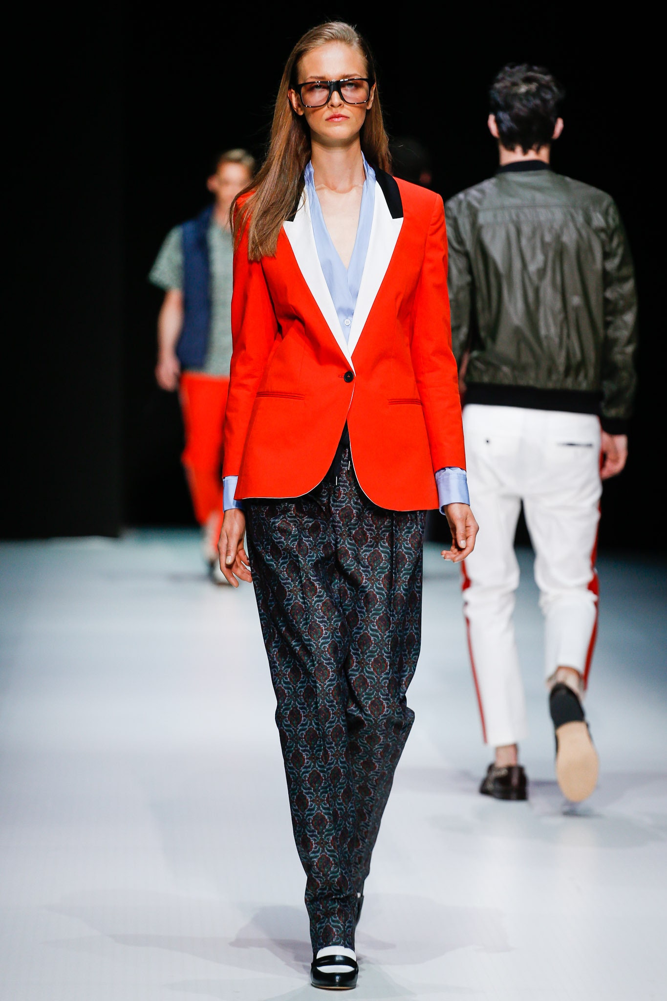 red tailored blazer with blue shirt