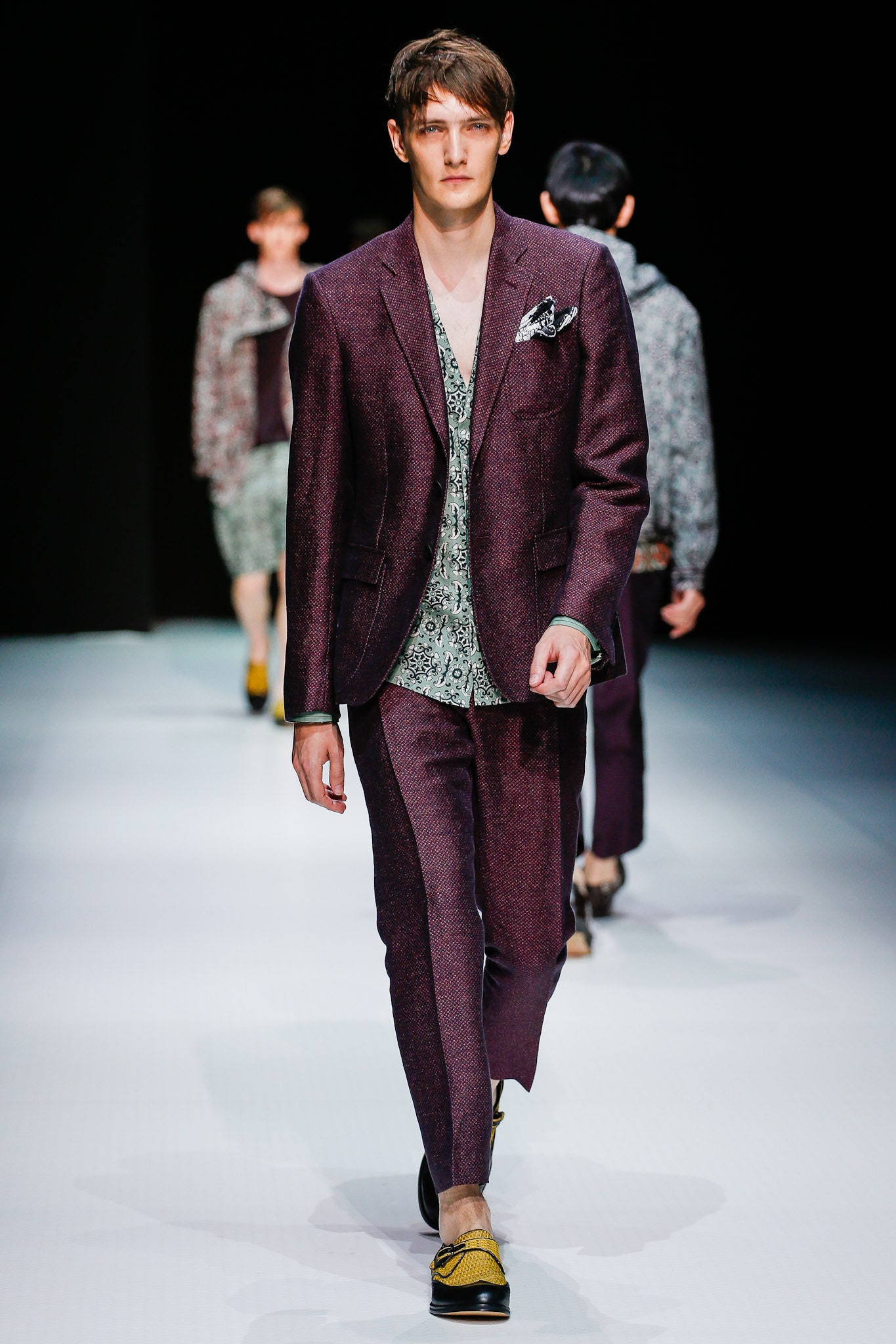 purple tailored suit with printed shirt