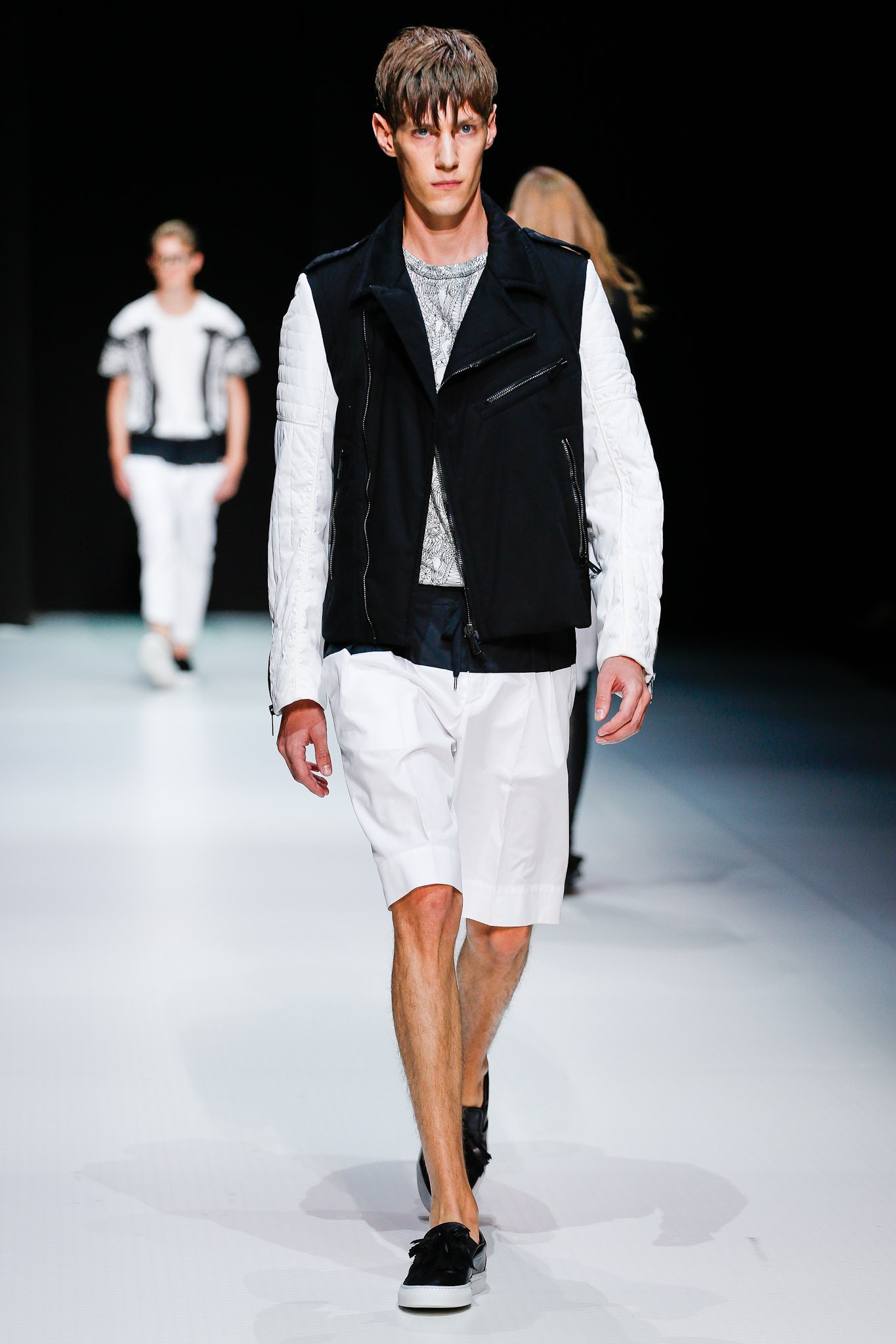 black and white fitted jacket with shorts