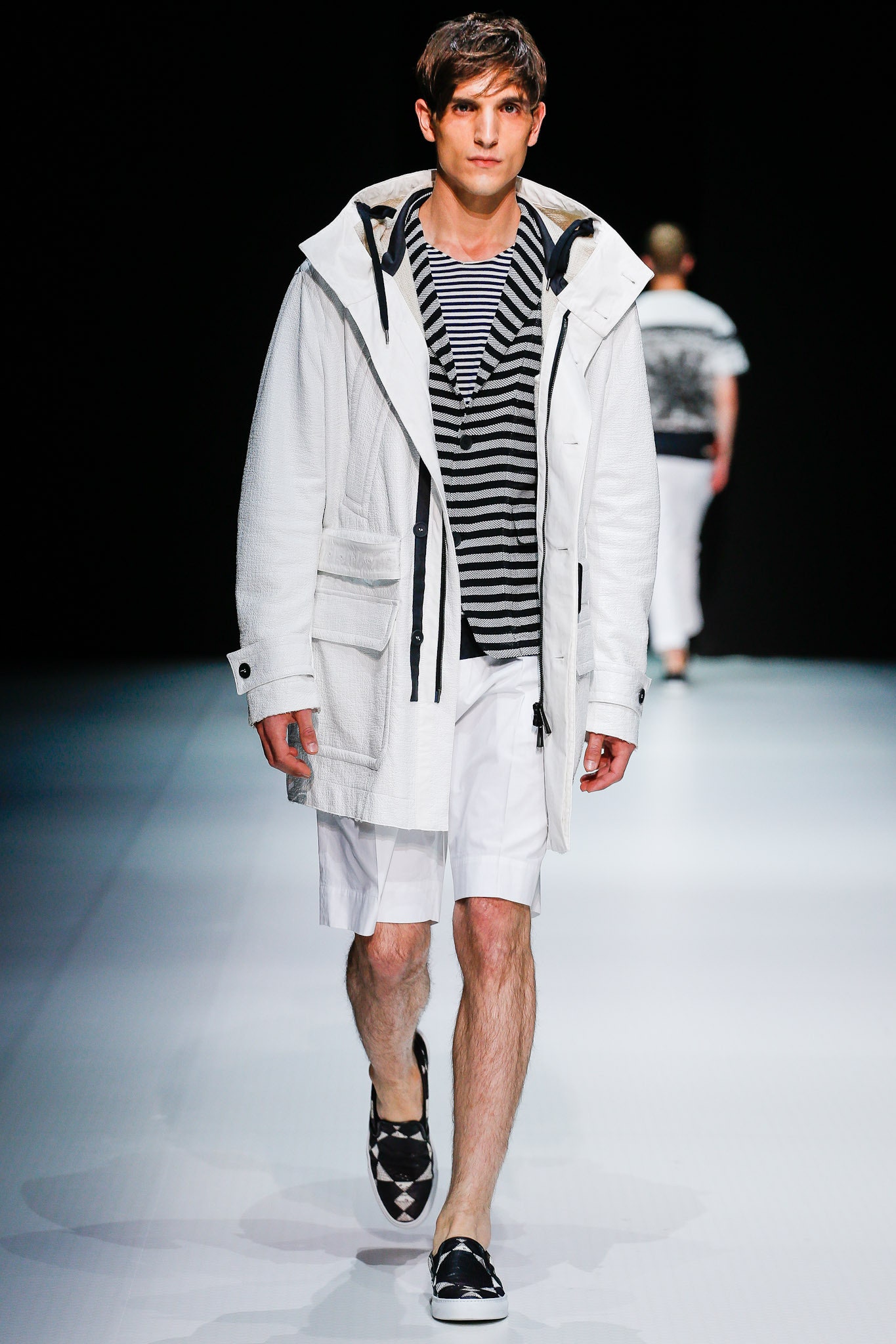 white coat with striped t-shirt