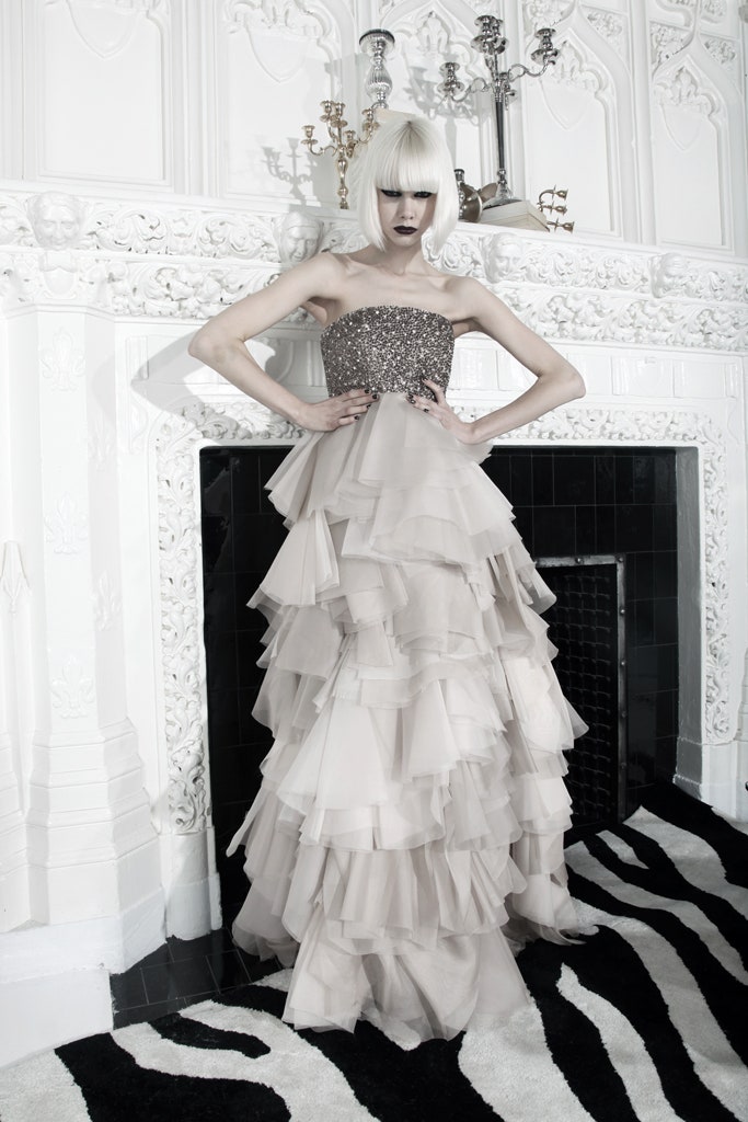 beige tiered ruffled gown