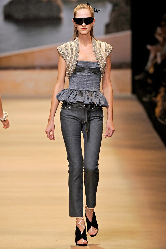 blue fitted peplum top with gray pants