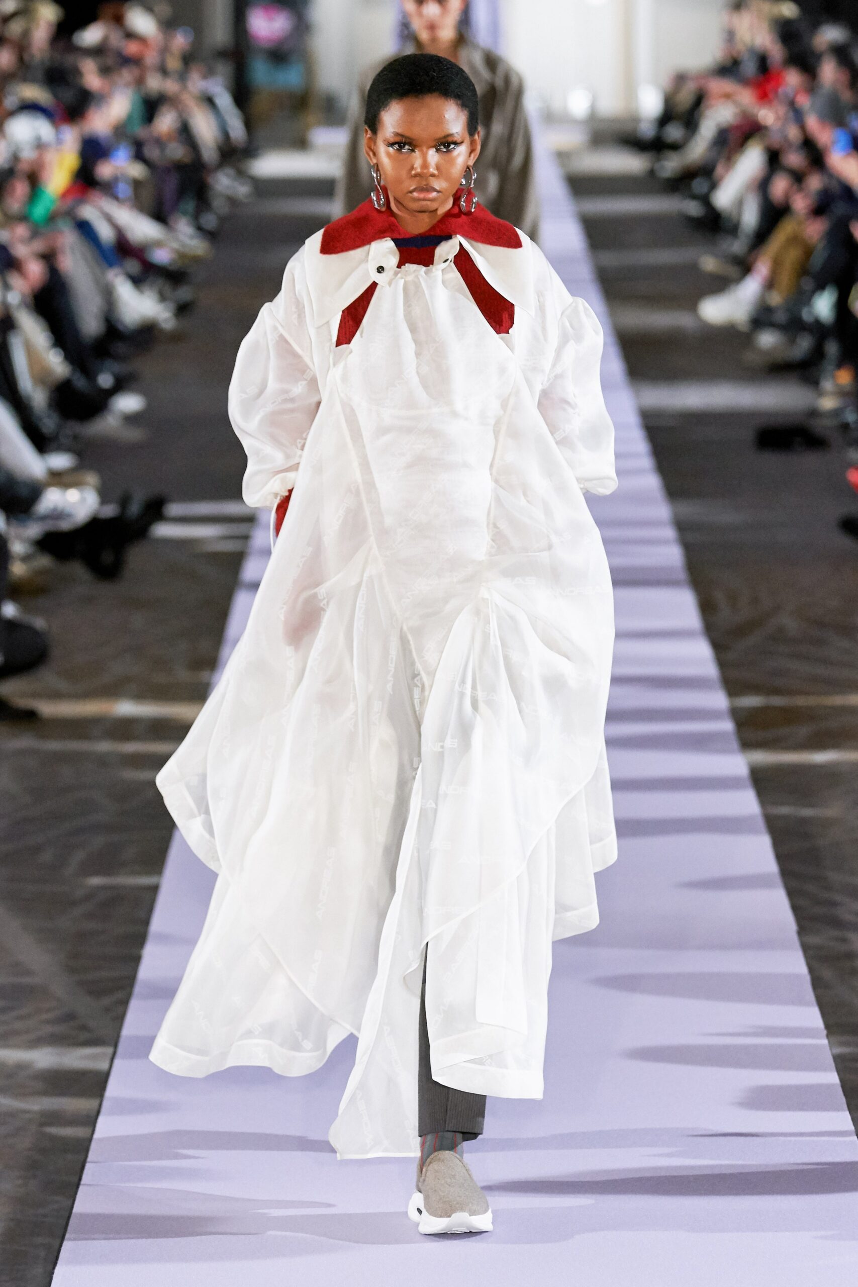 white silk relaxed dress with red jacket