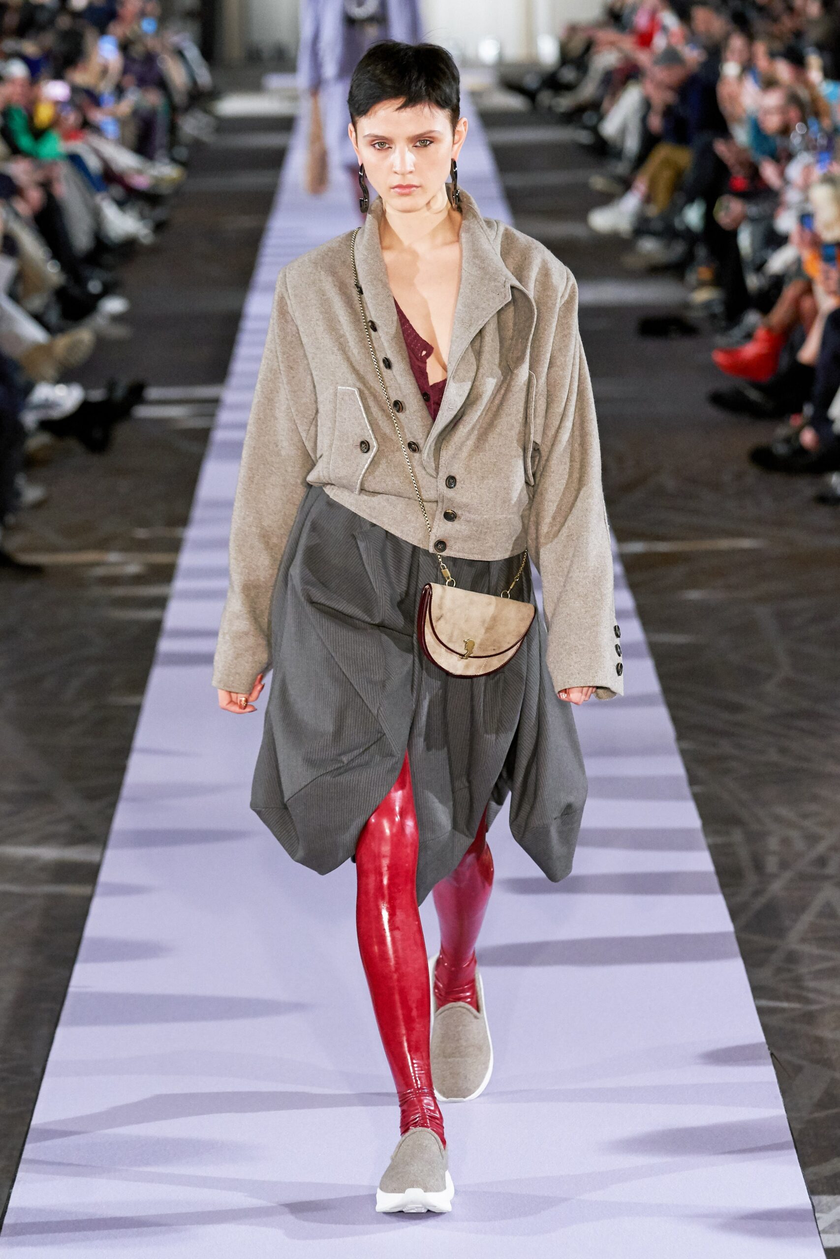 gray jacket with black skirt