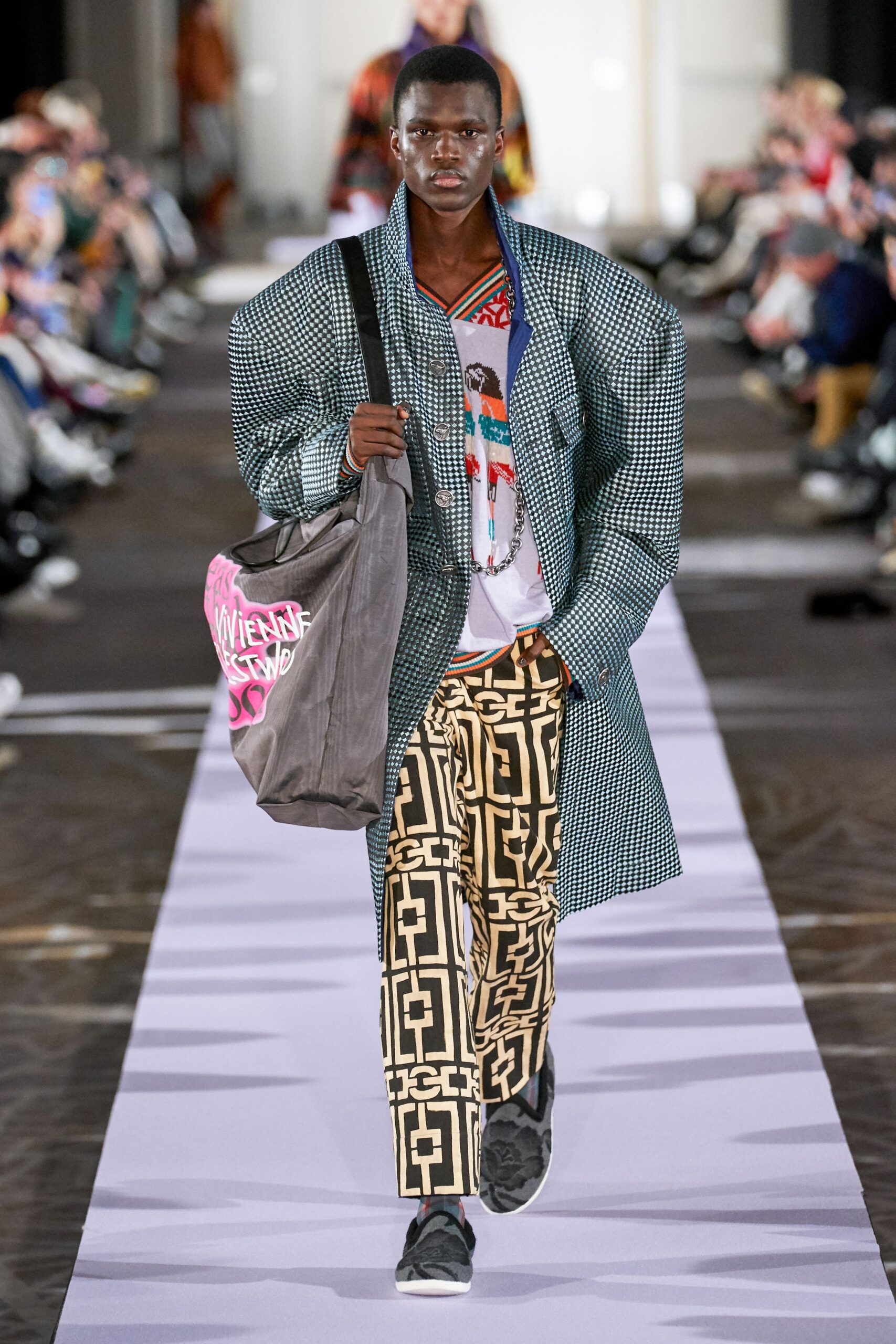 oversized green jacket with printed pants