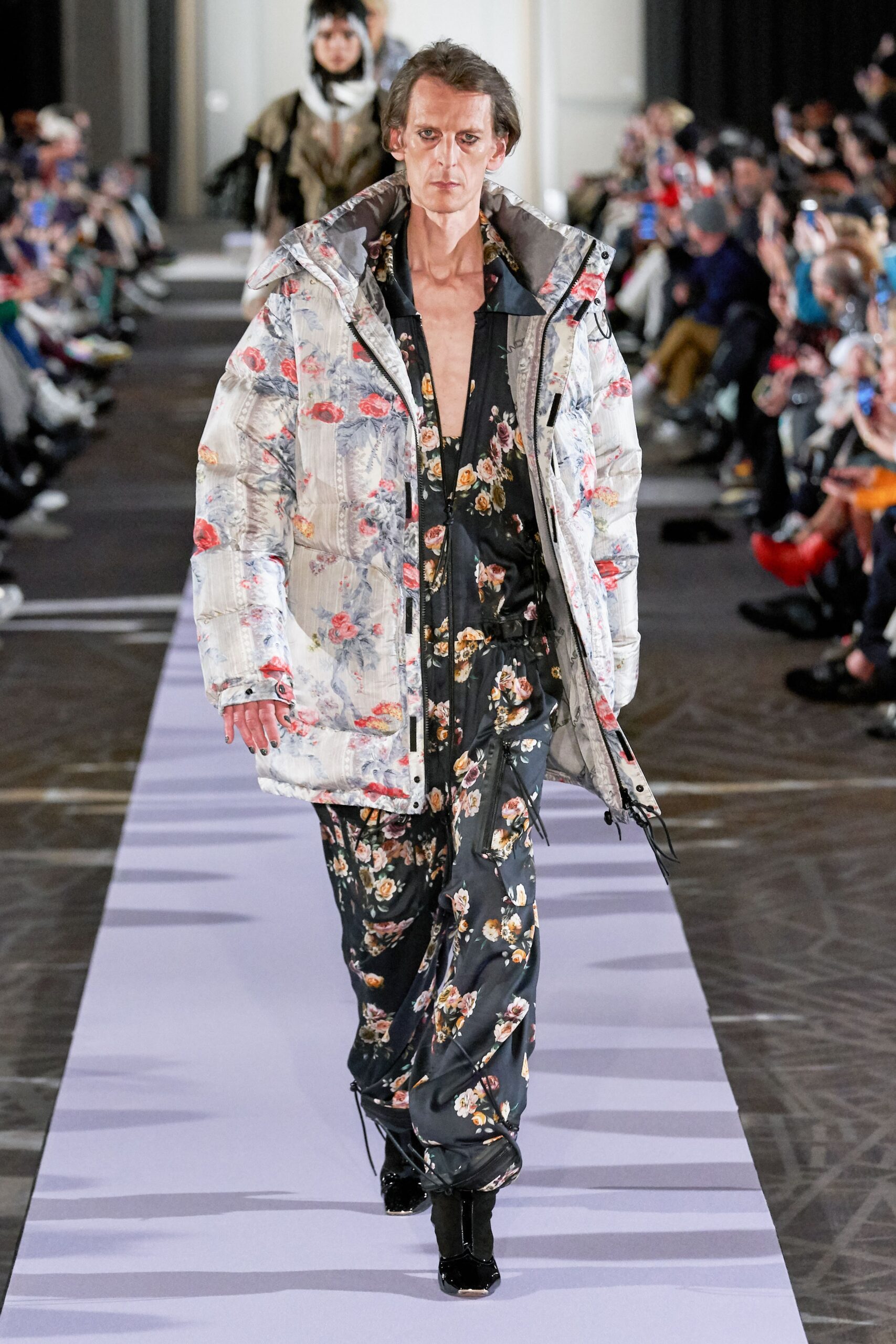 floral coat with black jumpsuit