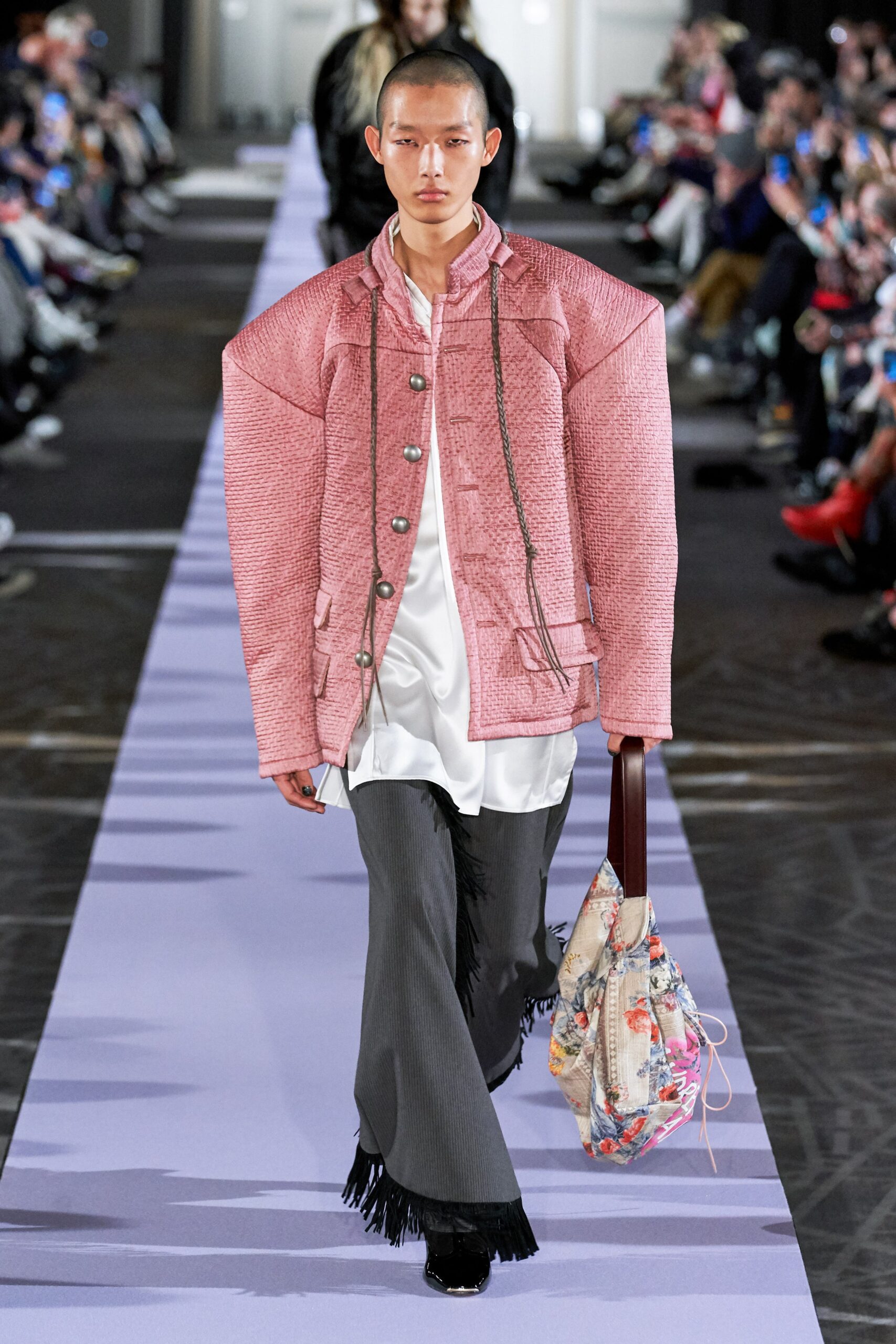 oversized pink jacket with gray pants