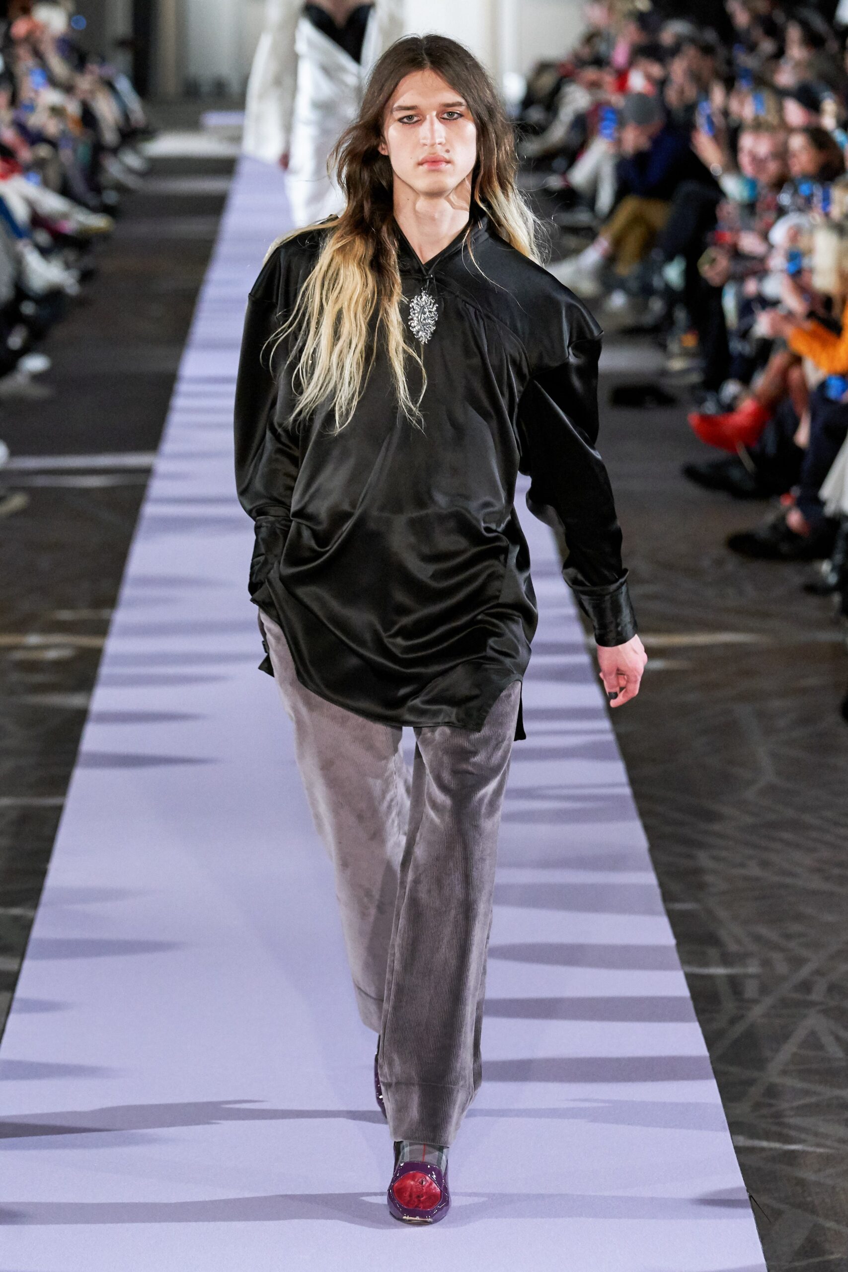 black silk shirt gray velvet pants