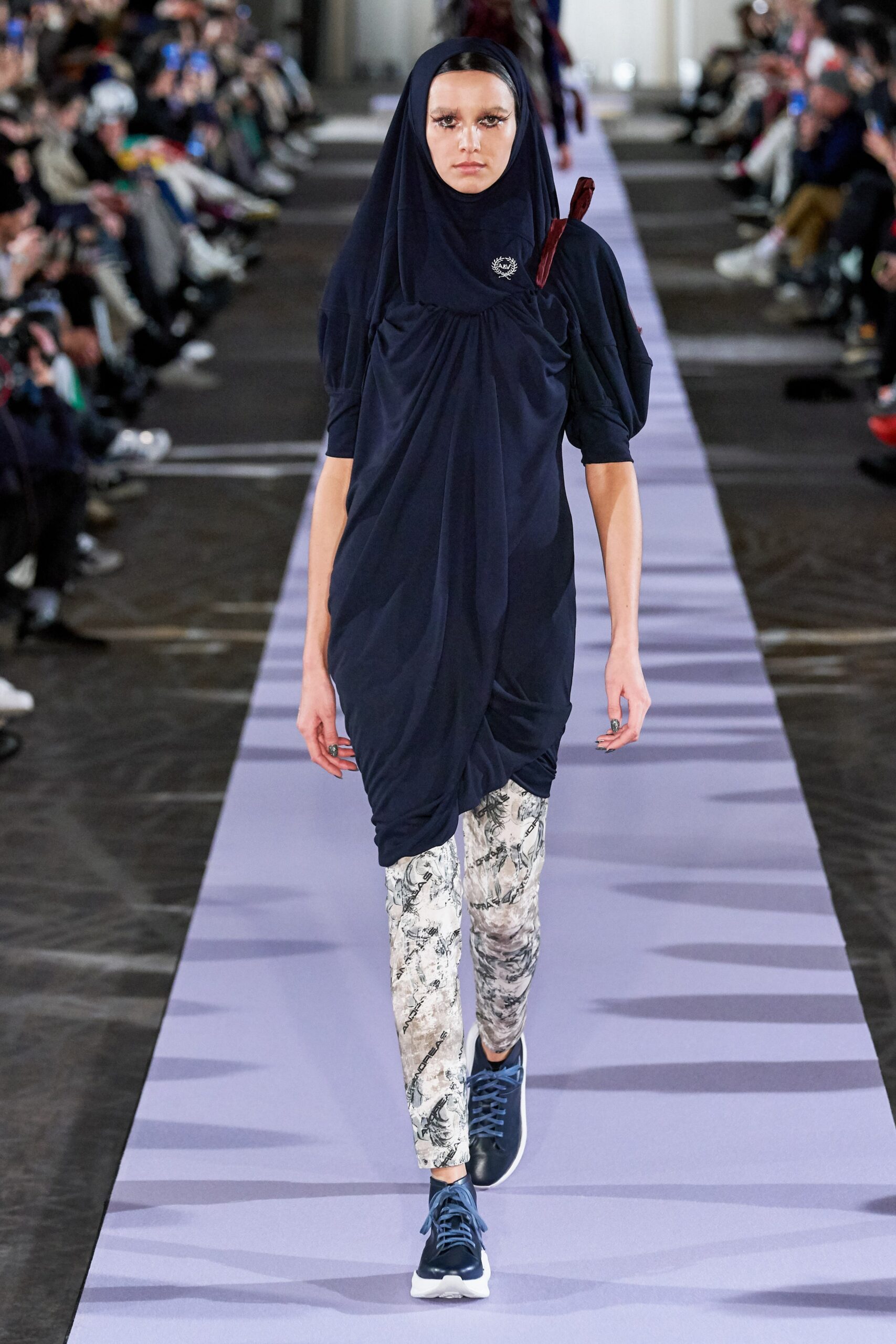 navy relaxed dress with printed pants