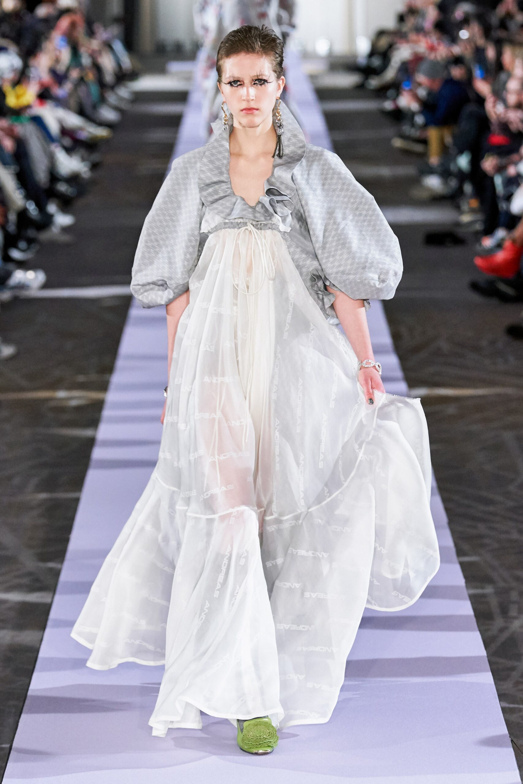 white silk layered maxi dress with gray jacket