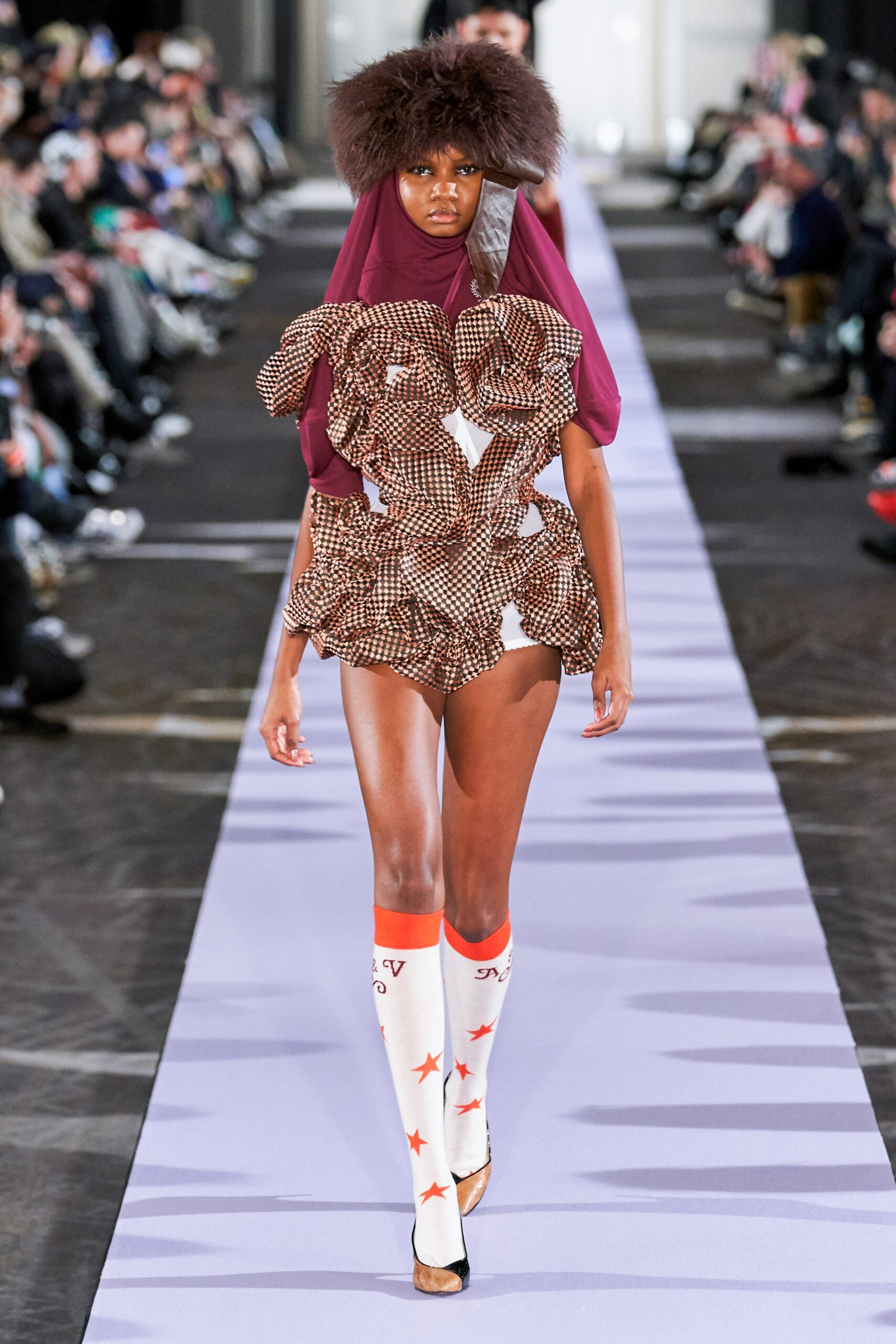 brown and white ruffled mini dress