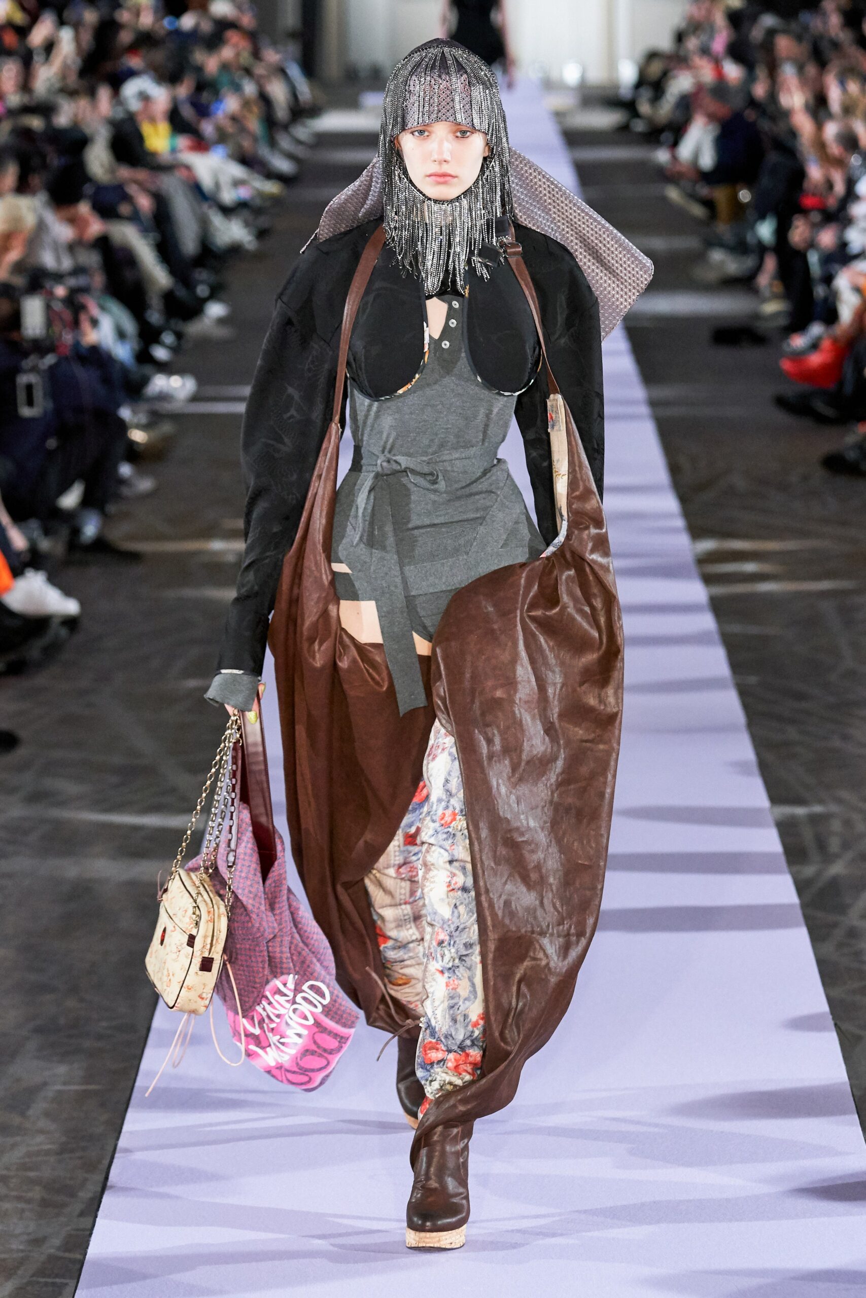 gray fitted dress with brown coat