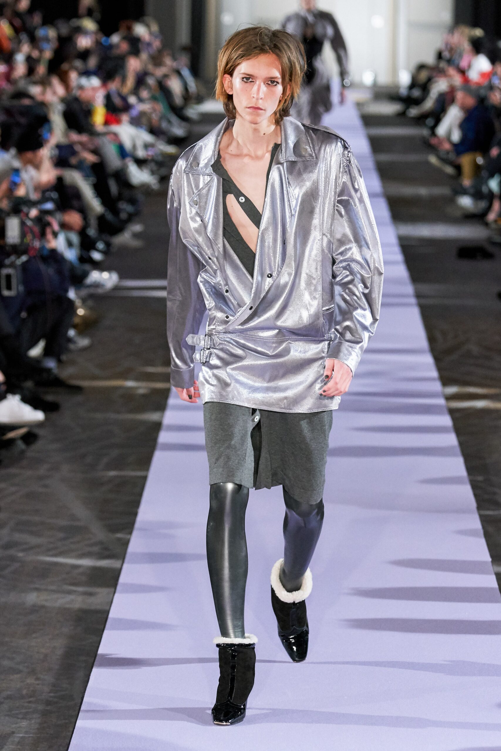 silver relaxed jacket with gray dress