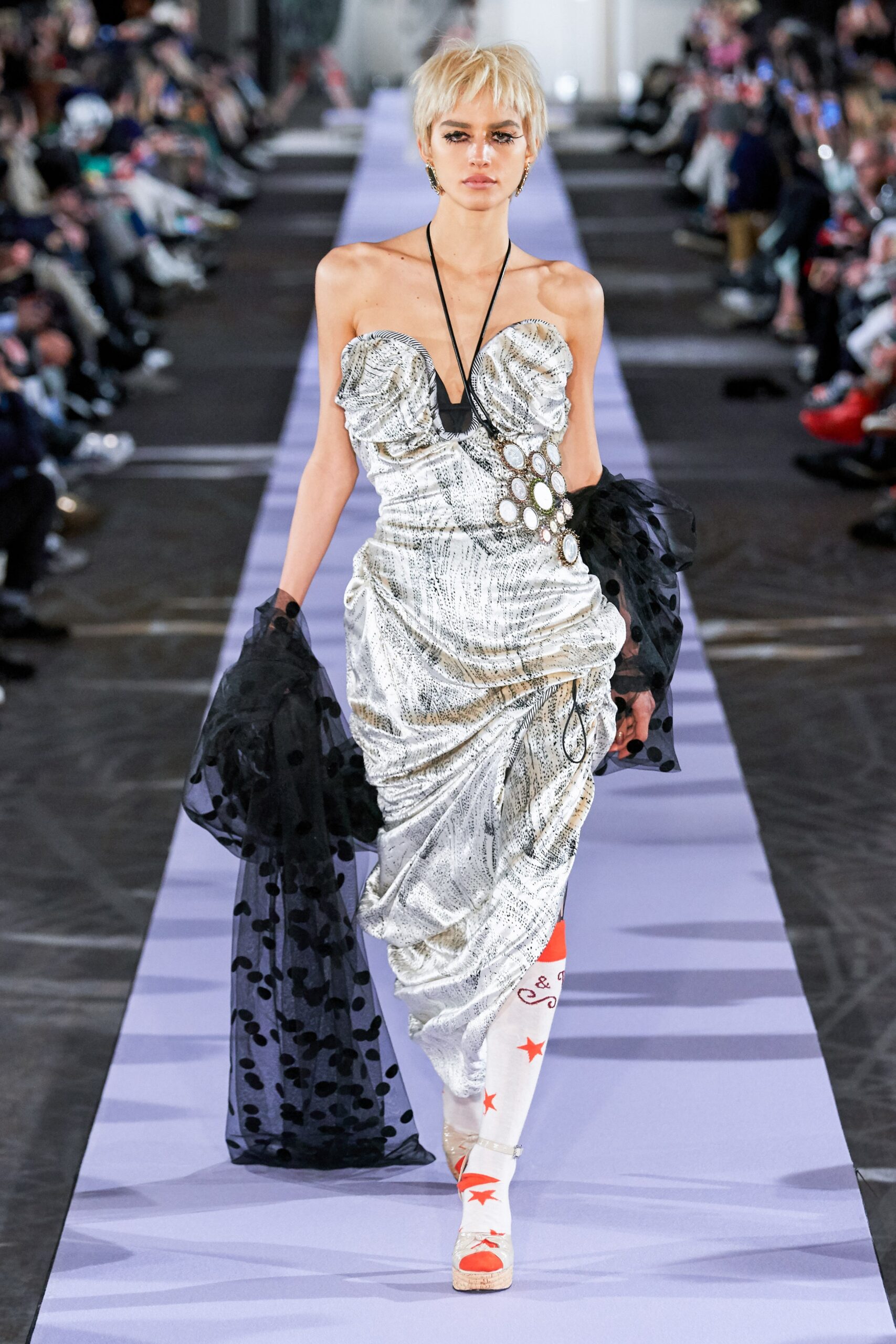 silver draped midi dress with black cape